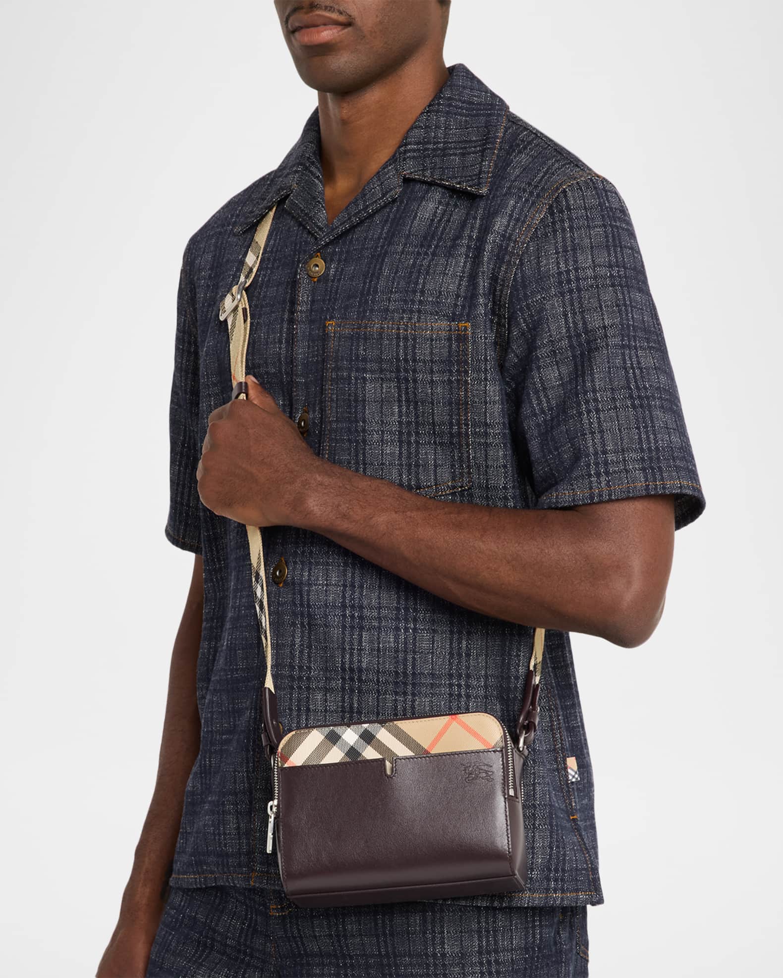Burberry Men's Pop Check Leather Crossbody Bag | Neiman Marcus