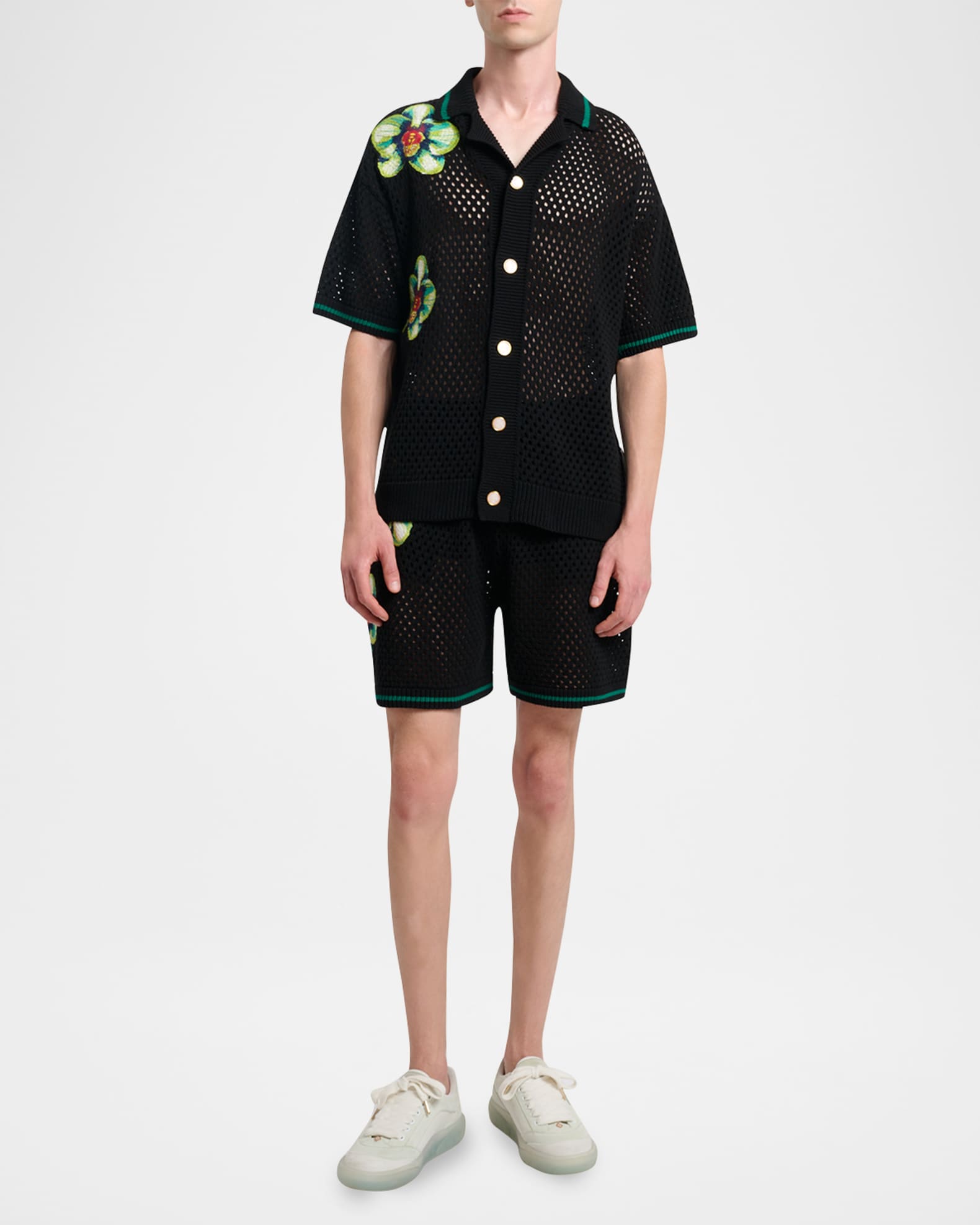 CASABLANCA Men's Orchid Embroidered Crochet Short-Sleeve Cardigan