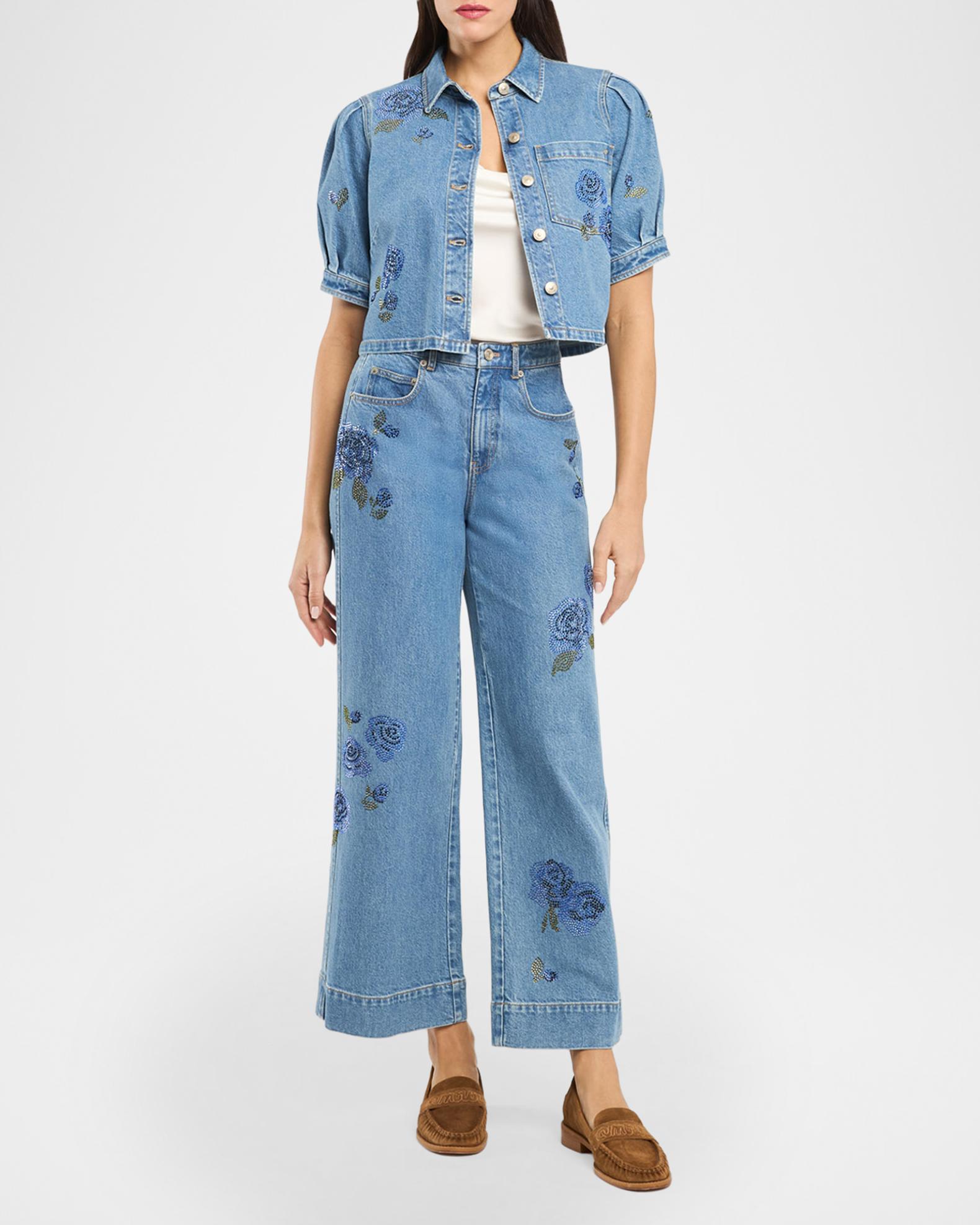 Cinq a Sept Betsy Wide-Leg Heatset Roses Jeans | Neiman Marcus