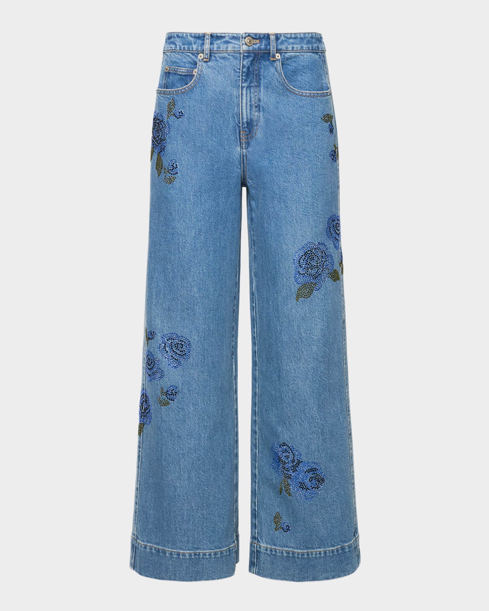 Cinq a Sept Betsy Wide-Leg Heatset Roses Jeans | Neiman Marcus