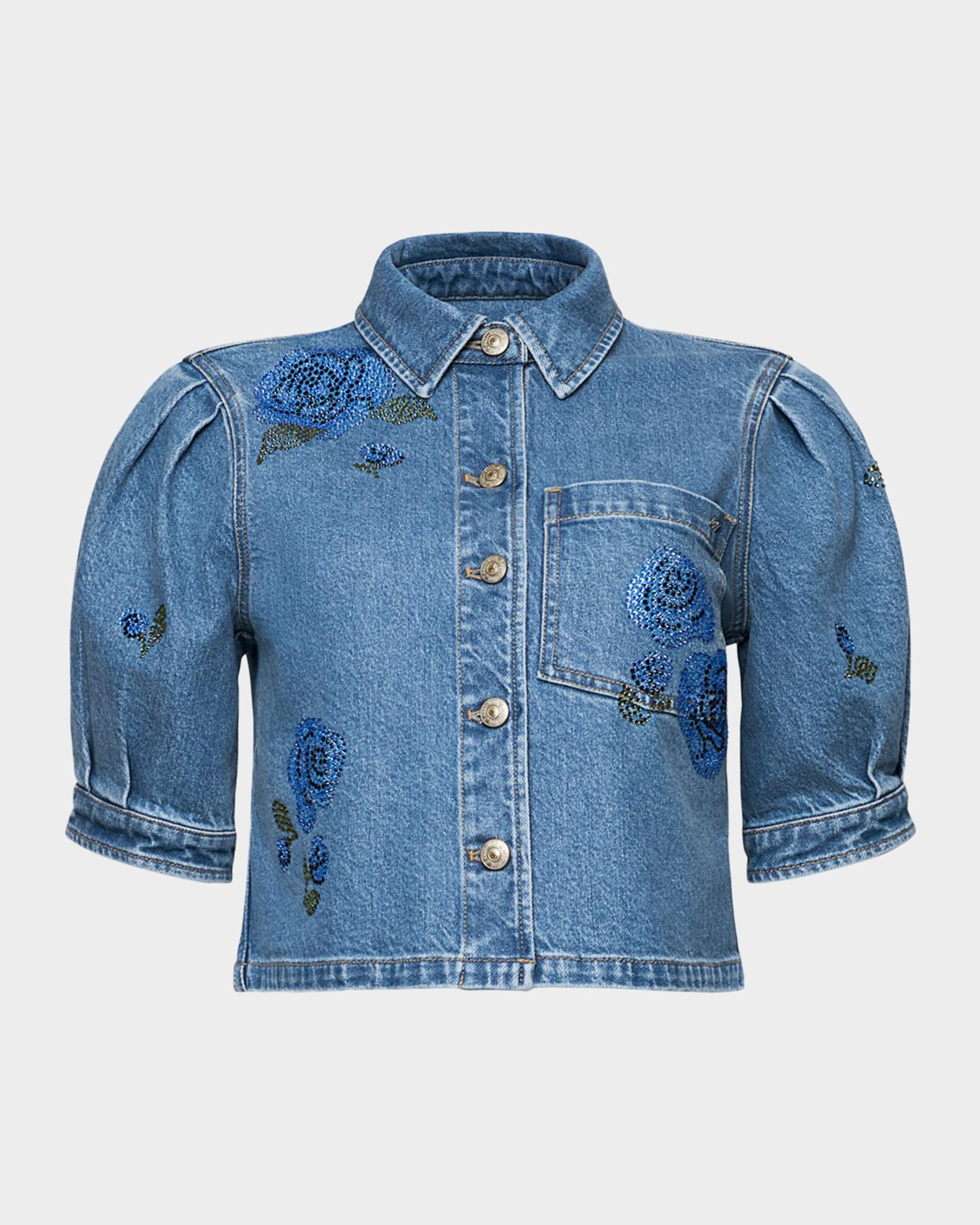 Cinq a Sept Cropped Heatset Roses Denim Jacket | Neiman Marcus