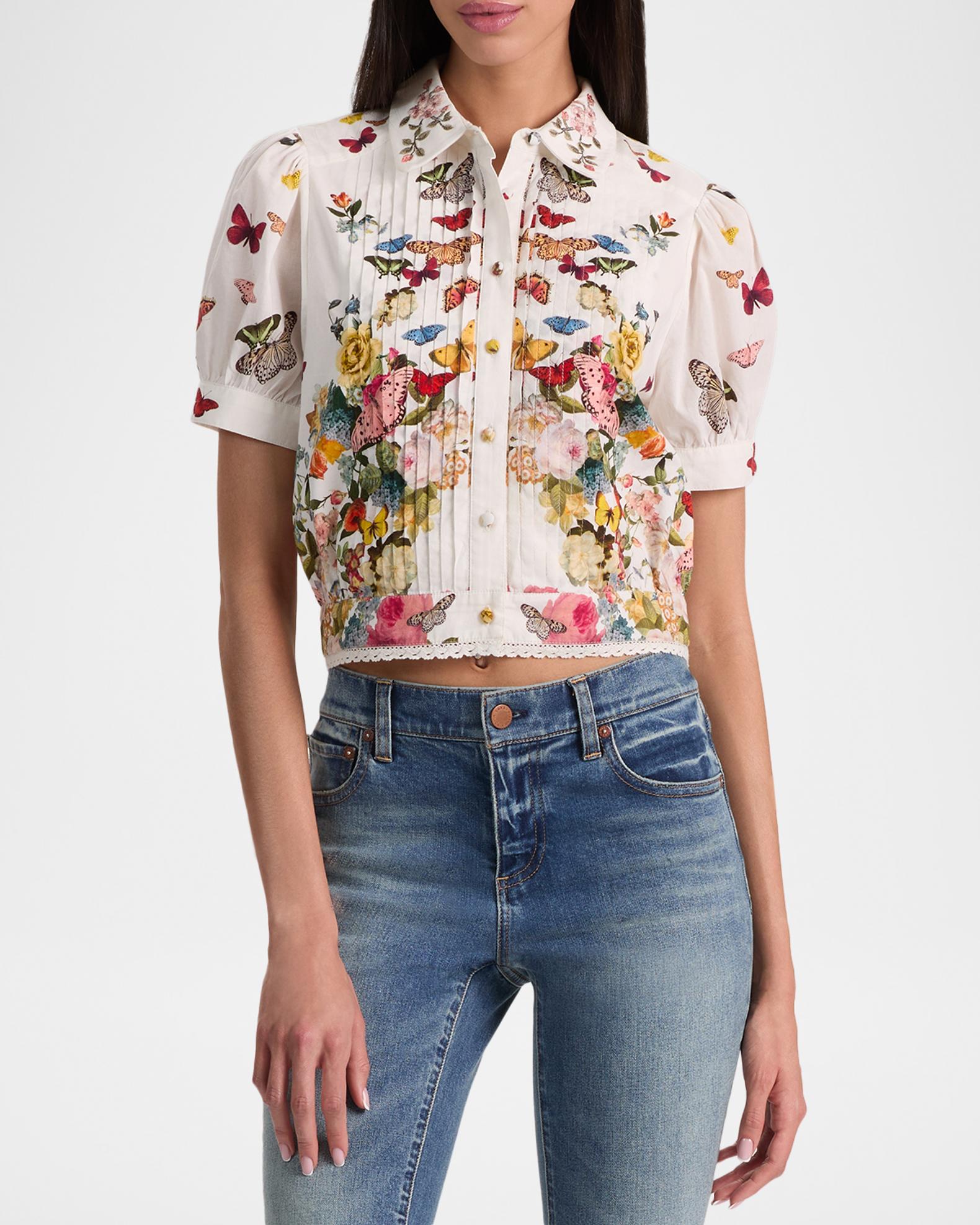 ALICE + OLIVIA Rosie Embroidered Puff-Sleeve Shirt | Neiman Marcus
