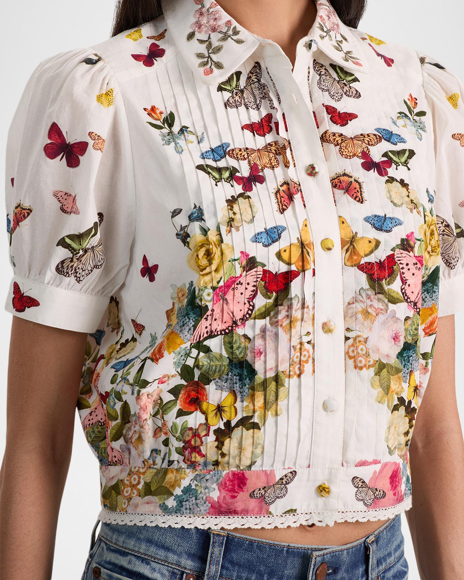 ALICE + OLIVIA Rosie Embroidered Puff-Sleeve Shirt | Neiman Marcus