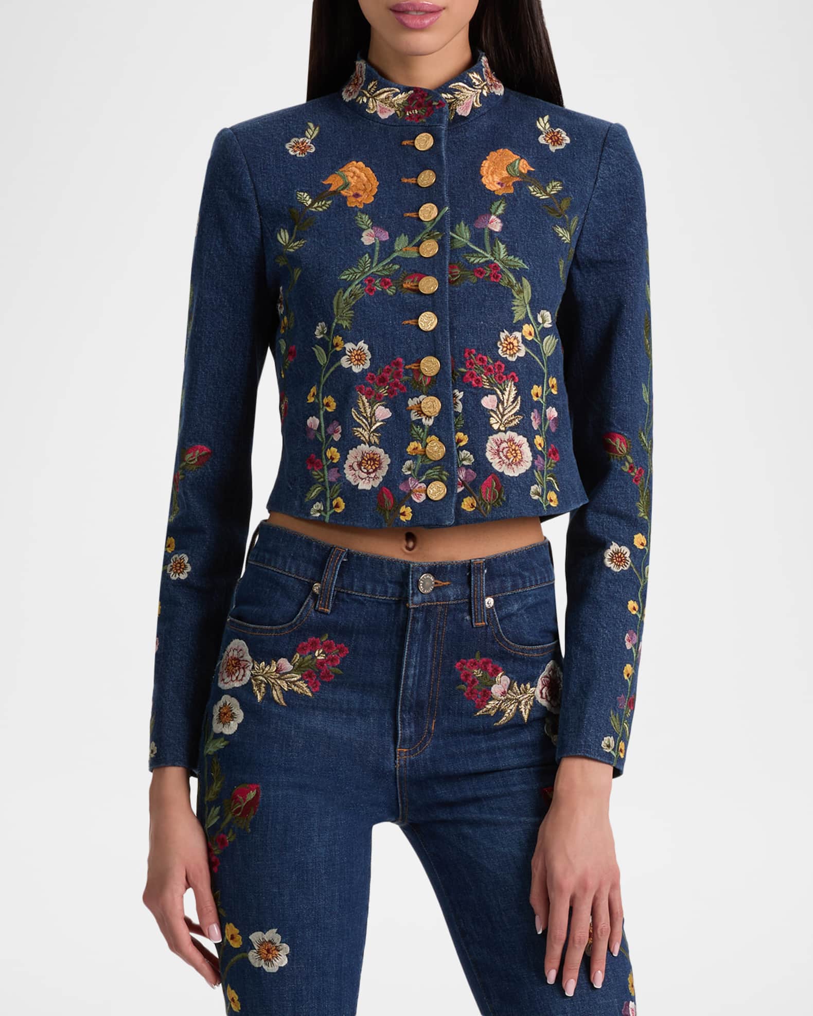 ALICE + OLIVIA Emerson Embroidered Denim Military Jacket | Neiman