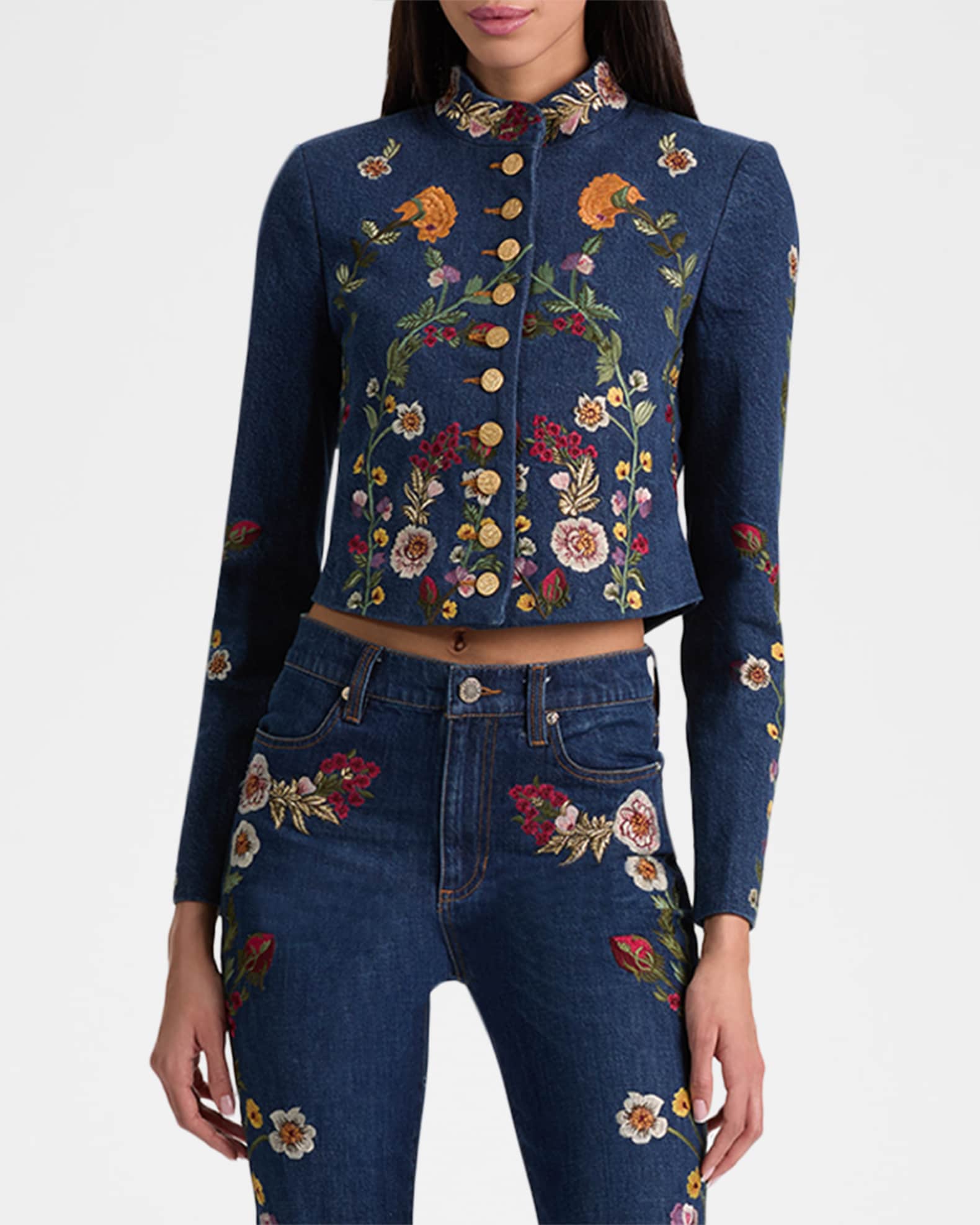 ALICE + OLIVIA Emerson Embroidered Denim Military Jacket | Neiman