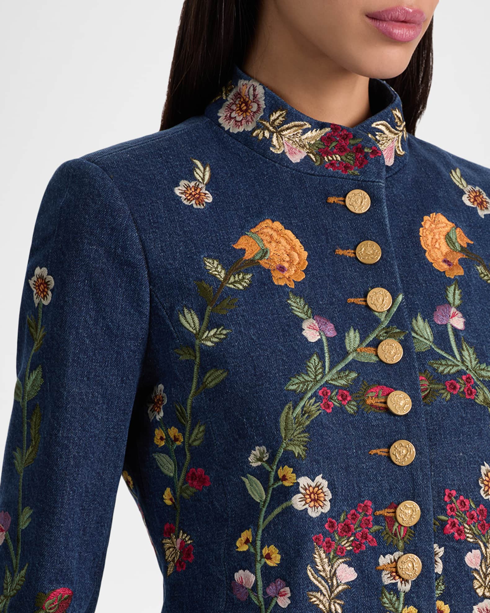 Alice + Olivia Emerson Embroidered Denim Military Jacket | Neiman