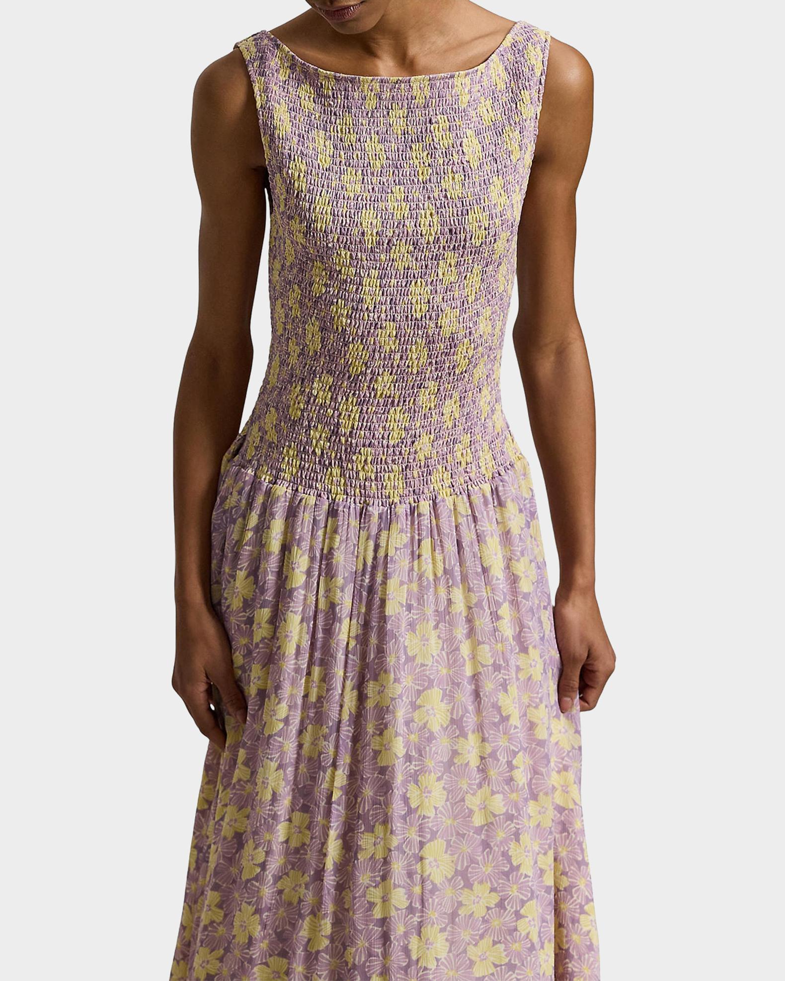 lauren ralph lauren women's floral stretch cotton midi dress Smocked Crinkled | Soft Bloom Purple Yellow Casual chic white outfits. SKD Featuring an allover floral Size:6Year