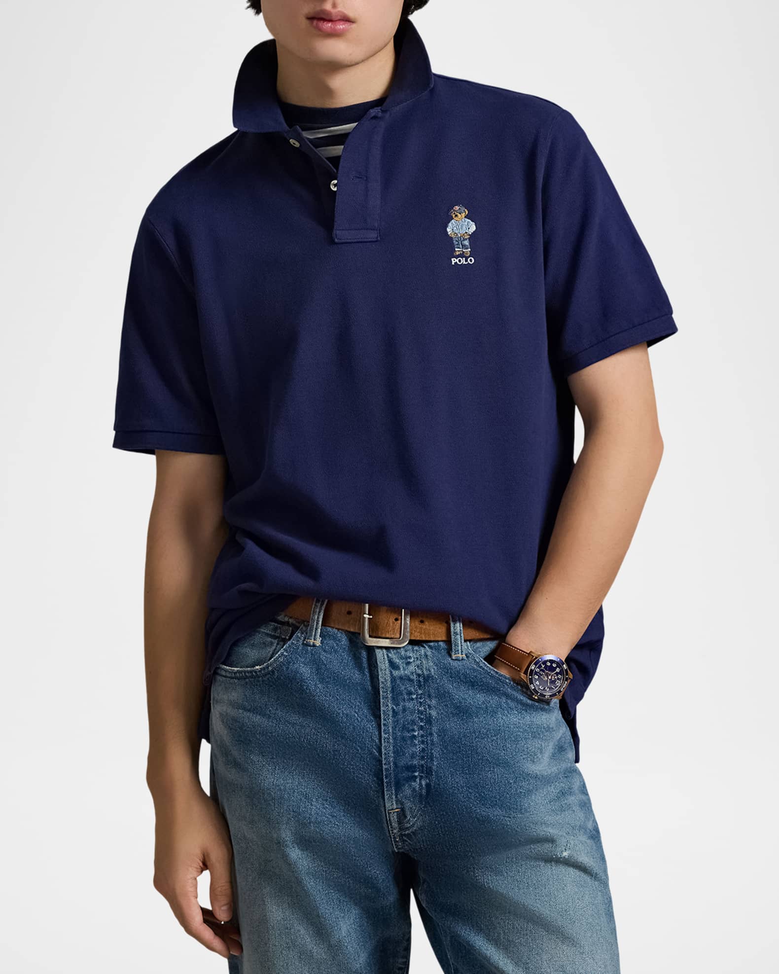 Polo Ralph Lauren クマ刺繍 ダークブルー デニムシャツ Polo Ralph Lauren Men's Classic Fit Polo Bear Mesh Polo Shirt