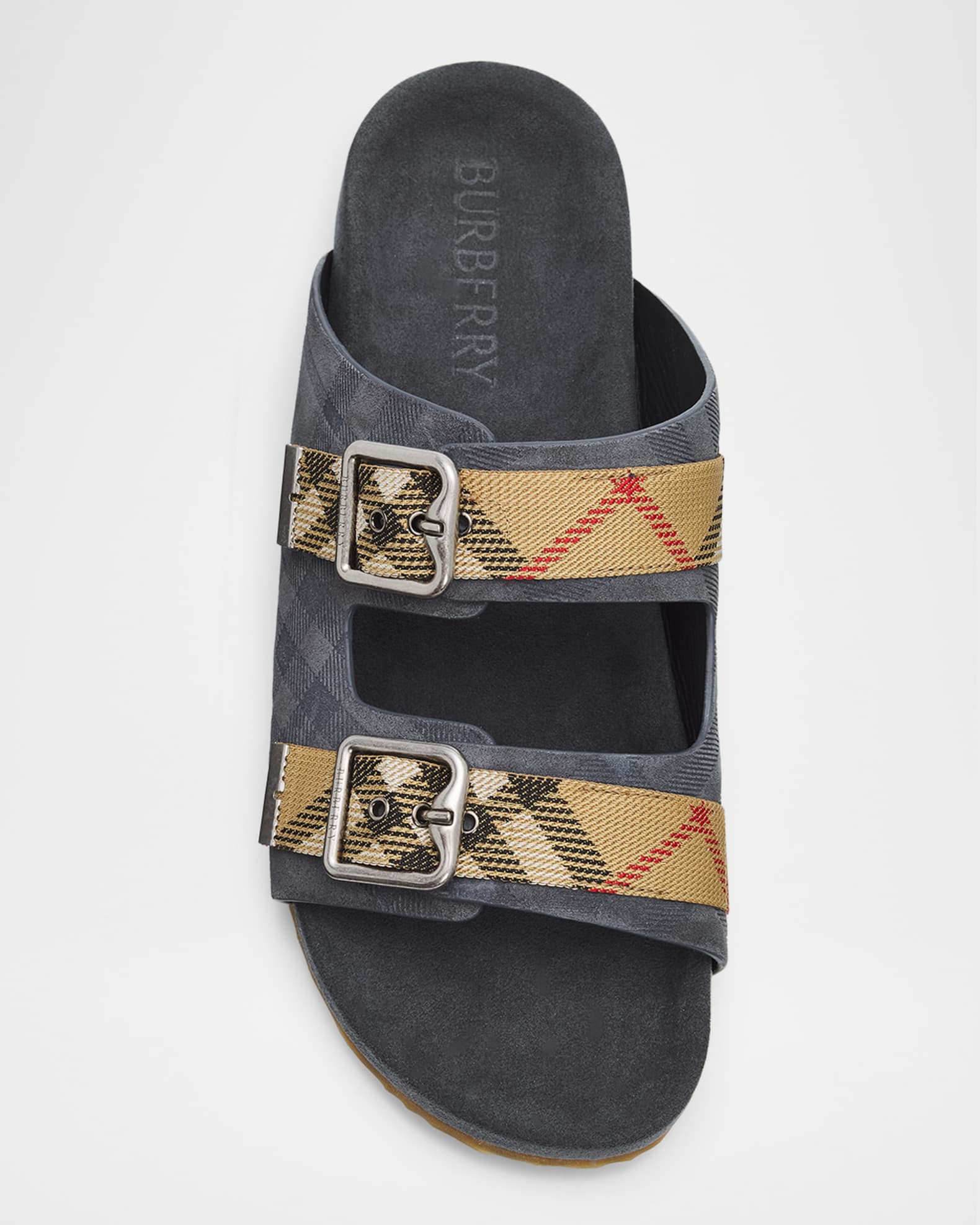 Burberry Men's Urchin Woven Check and Suede Double-Buckle Sandals