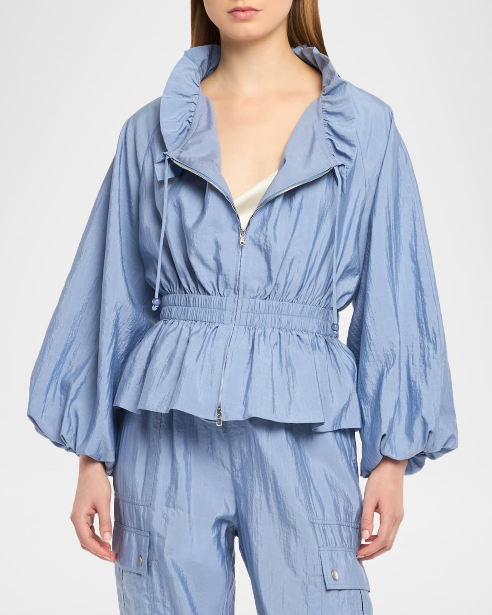 Cinq a Sept Deana Ruffled-Collar Nylon Peplum Jacket | Neiman Marcus