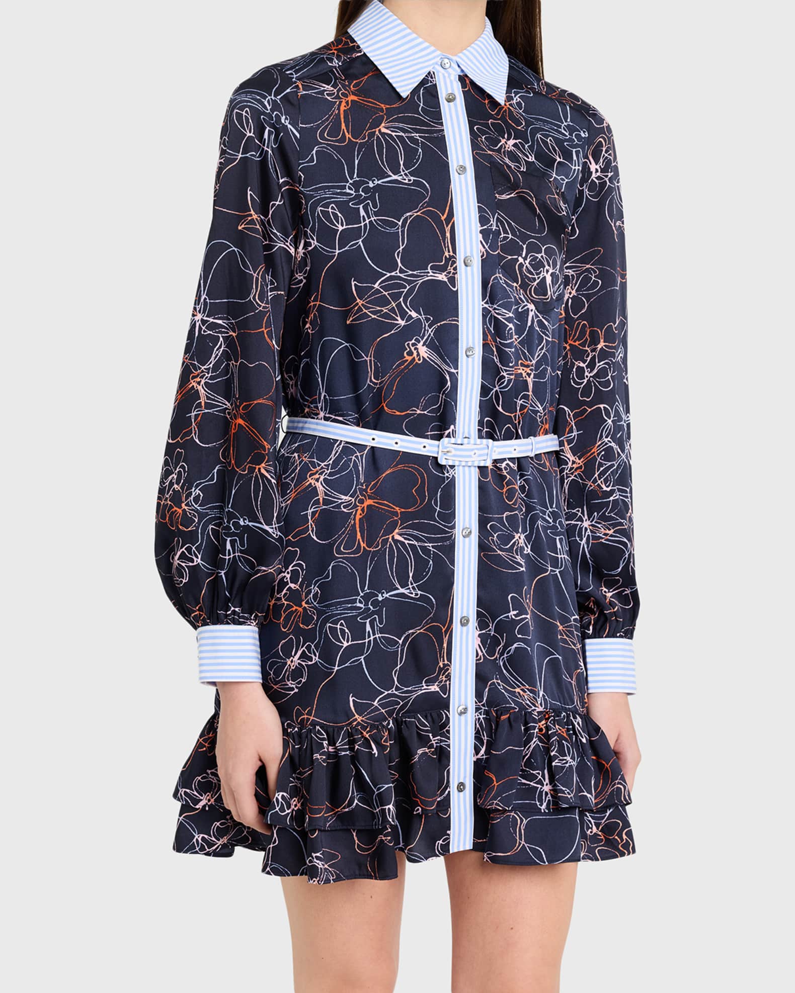 Cinq a Sept Malva Floral Linework Mini Shirtdress | Neiman Marcus