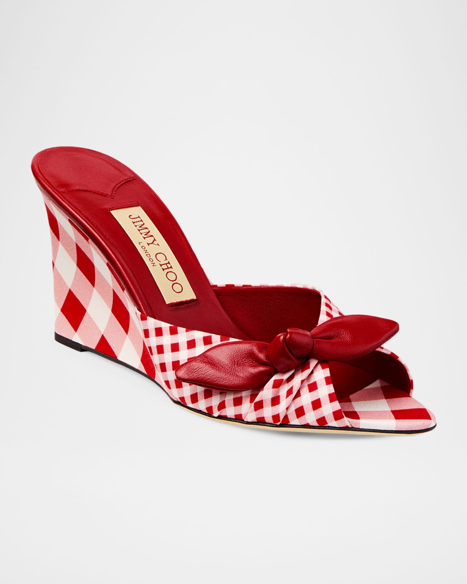 Jimmy Choo 85mm Livi Mixed Gingham Wedge Mules | Neiman Marcus