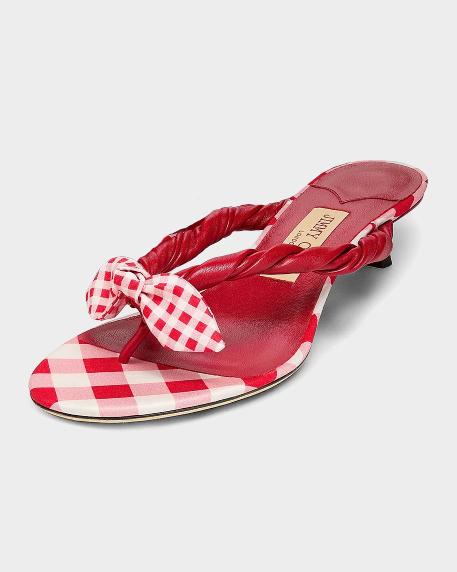 Jimmy Choo 35mm Liss Leather and Gingham Bow Kitten-Heel Sandals