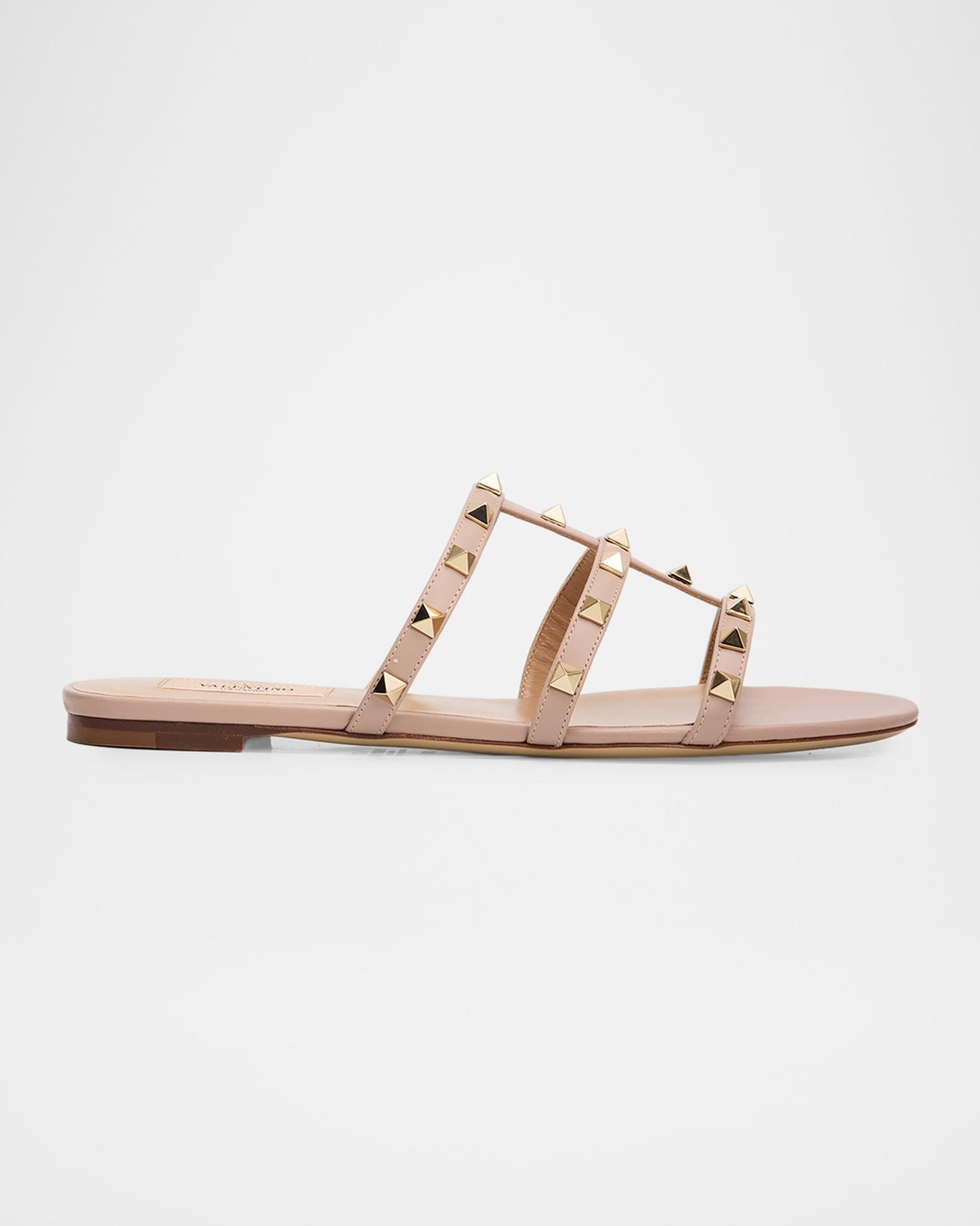 Valentino Garavani Rockstud Leather Flat Slide Sandals | Neiman Marcus
