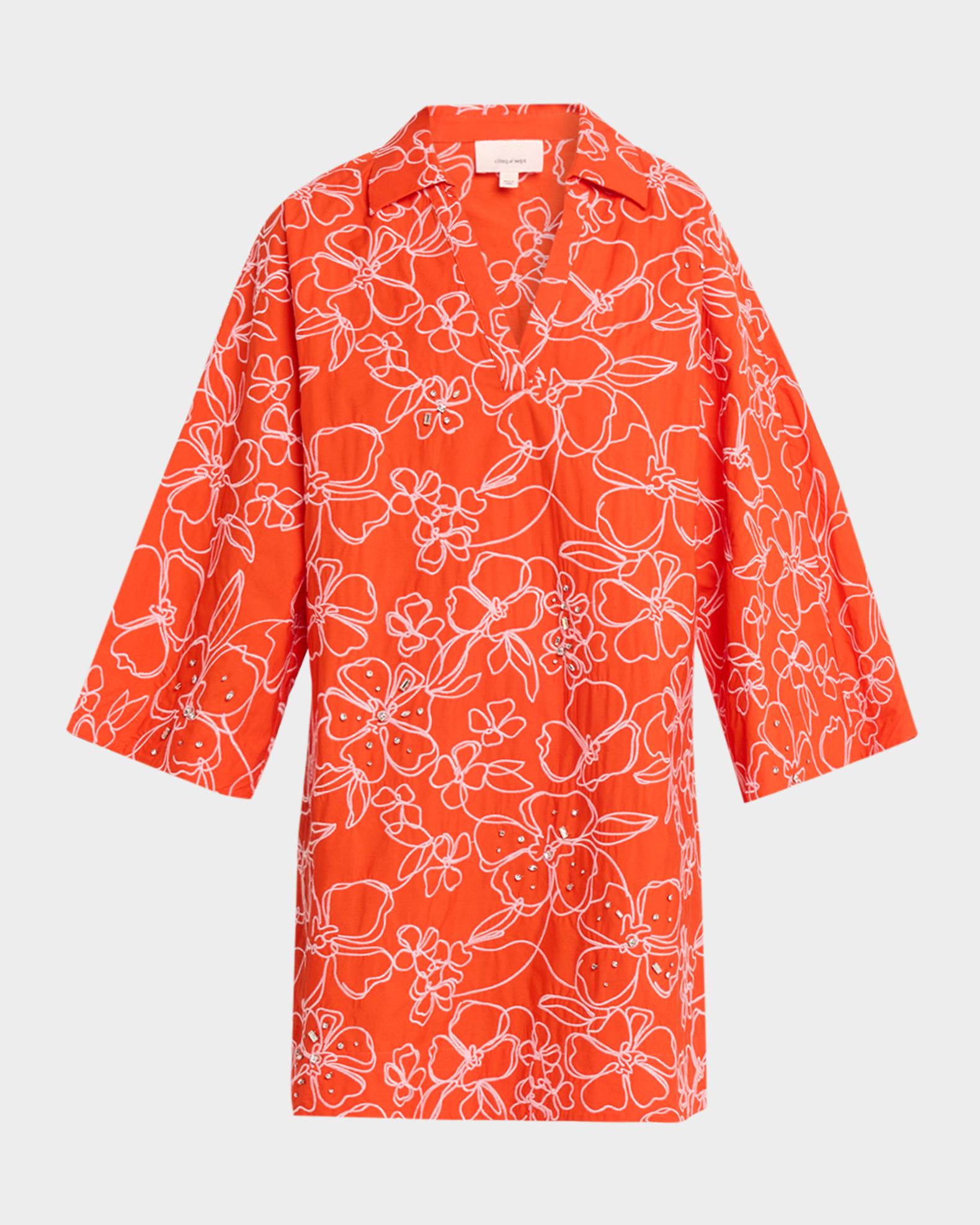 cotton kaftan short dress Short Sleeve Mini Kaftan Frond Orange / Large / SSMK-243BA