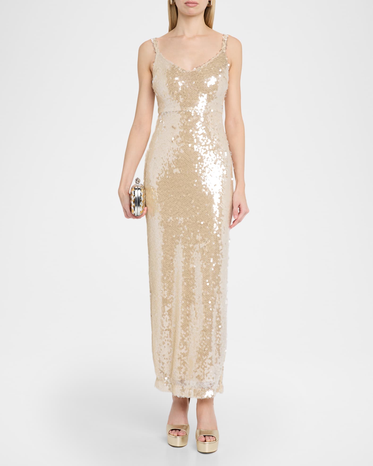 karma sequin maxi dress product info and reviews L'Agence Karma Sequin Maxi Dress In Clear/Beige Sequin Mesh