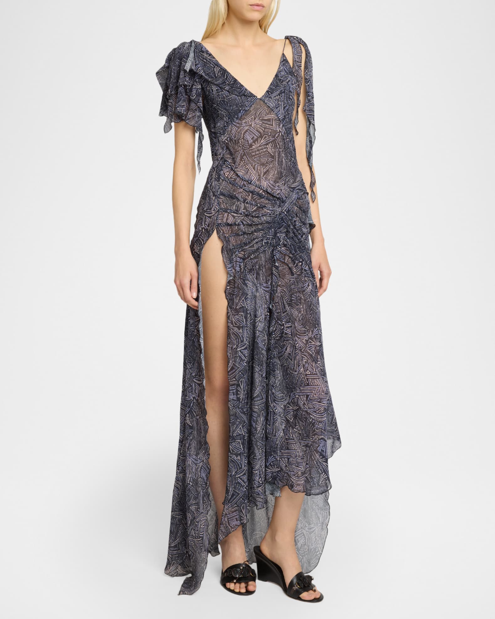 abstract print spaghetti strap high slit ruched dress Black Ruched Maxi Dress With Slit And Rhinestone Straps main image 0
