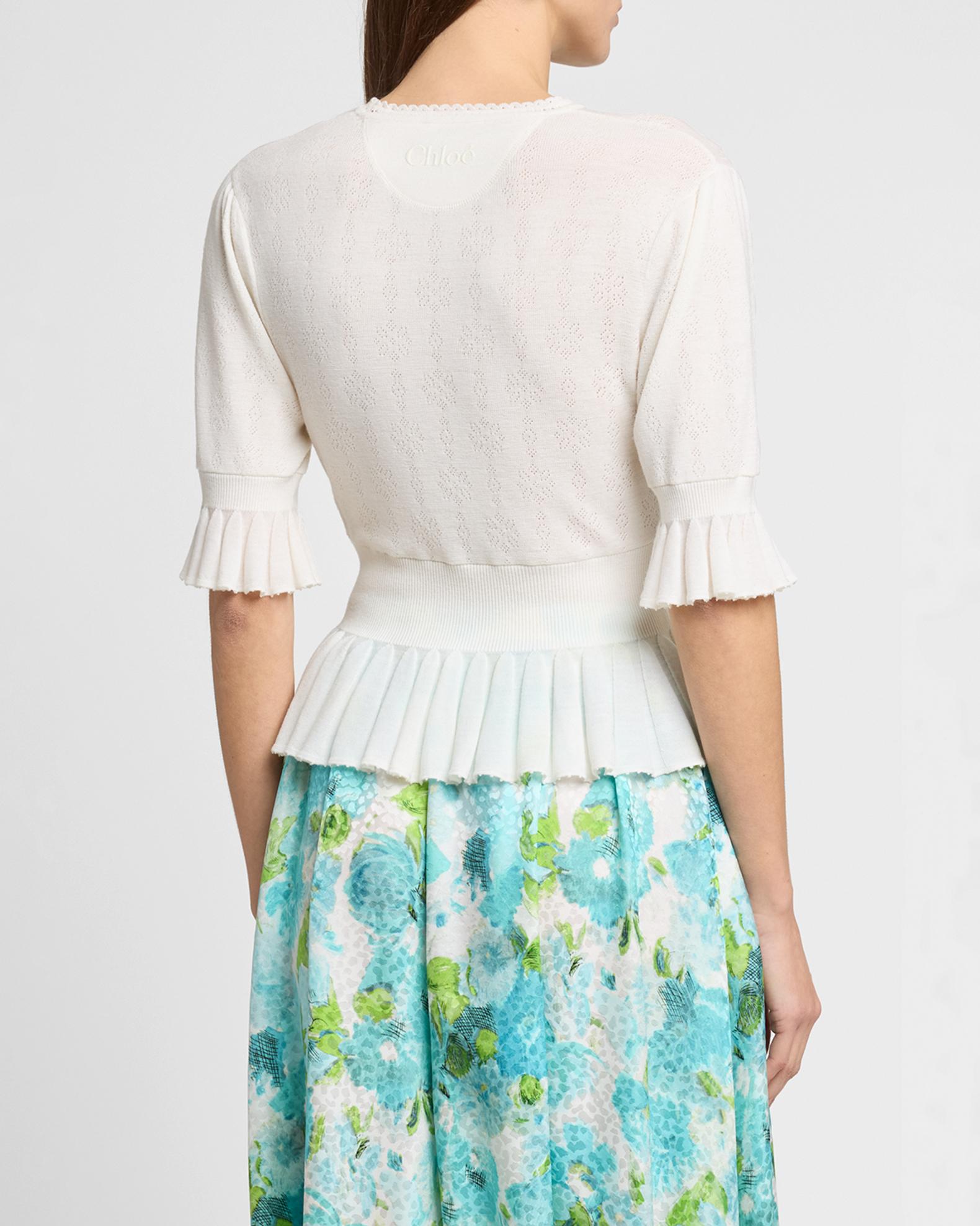 Chloe Short-Sleeve Pointelle Kit Ruffle Crewneck Sweater | Neiman Marcus