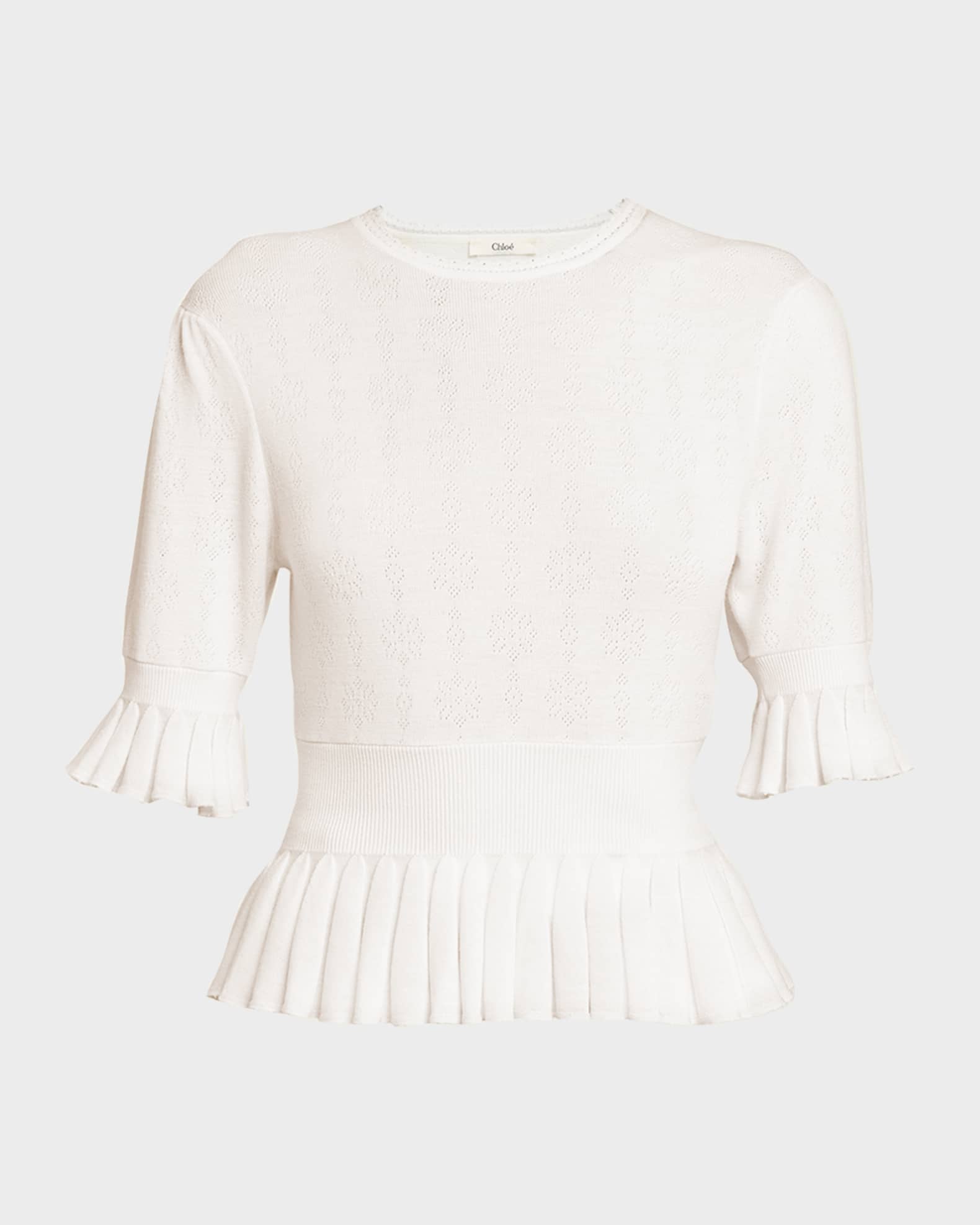 Chloe Short-Sleeve Pointelle Kit Ruffle Crewneck Sweater | Neiman