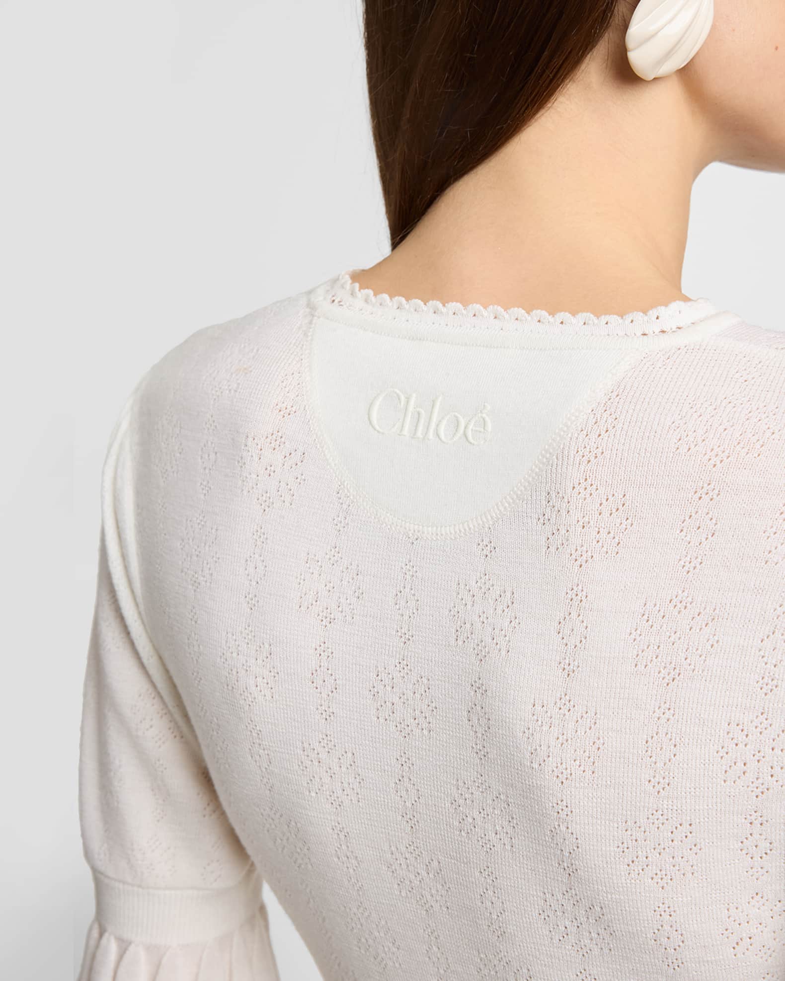 Chloe Short-Sleeve Pointelle Kit Ruffle Crewneck Sweater | Neiman