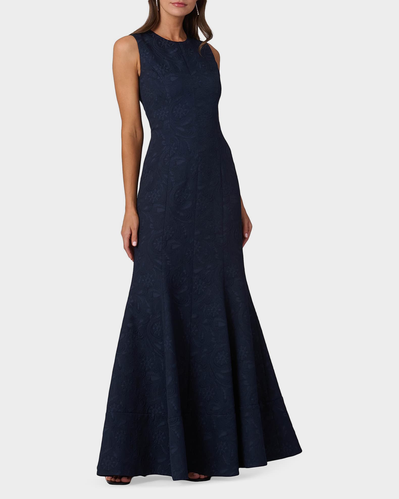 evening of elegance navy blue floral jacquard wrap midi dress Navy Faux Wrap Flounce Sleeve Floral Midi Dress  LoveLindsey