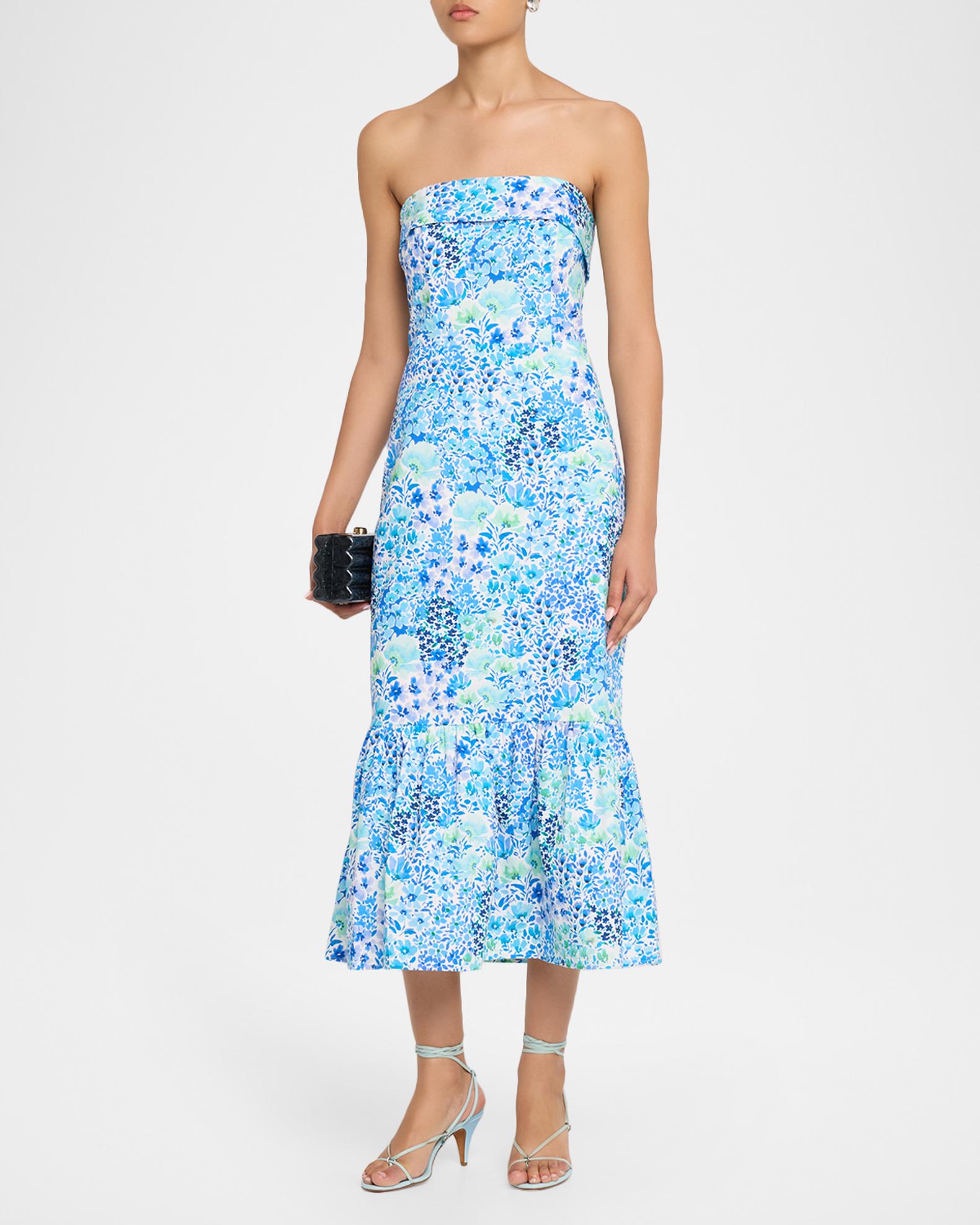 Shoshanna Wright Strapless Floral-Print Flounce Midi Dress | Neiman Marcus