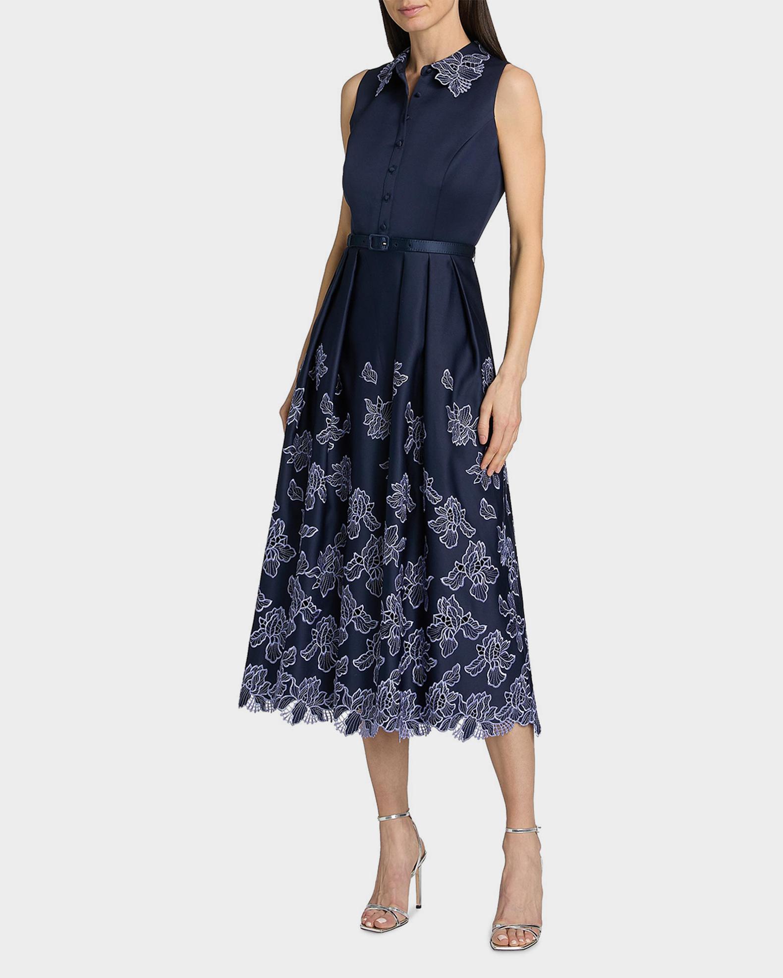 Theia Merisel Pleated Floral-Embroidered Midi Shirtdress | Neiman Marcus