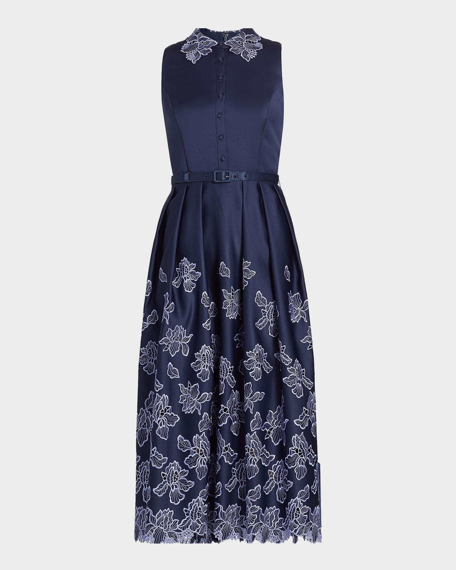 Theia Merisel Pleated Floral-Embroidered Midi Shirtdress | Neiman Marcus