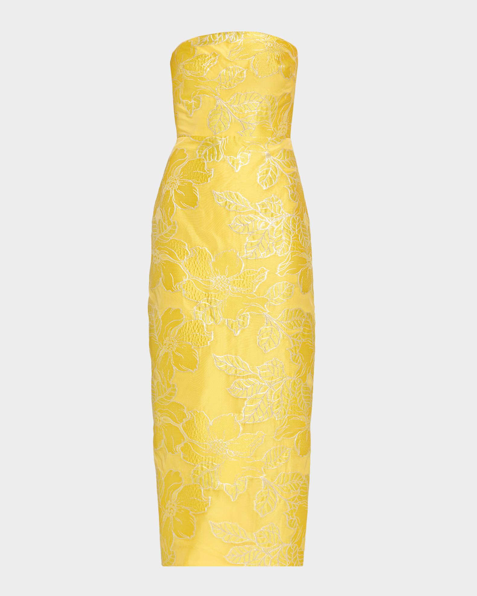 floral jacquard strapless midi dress Floral Jacquard Strapless Pleated Midi Dress - B.Right Apparel