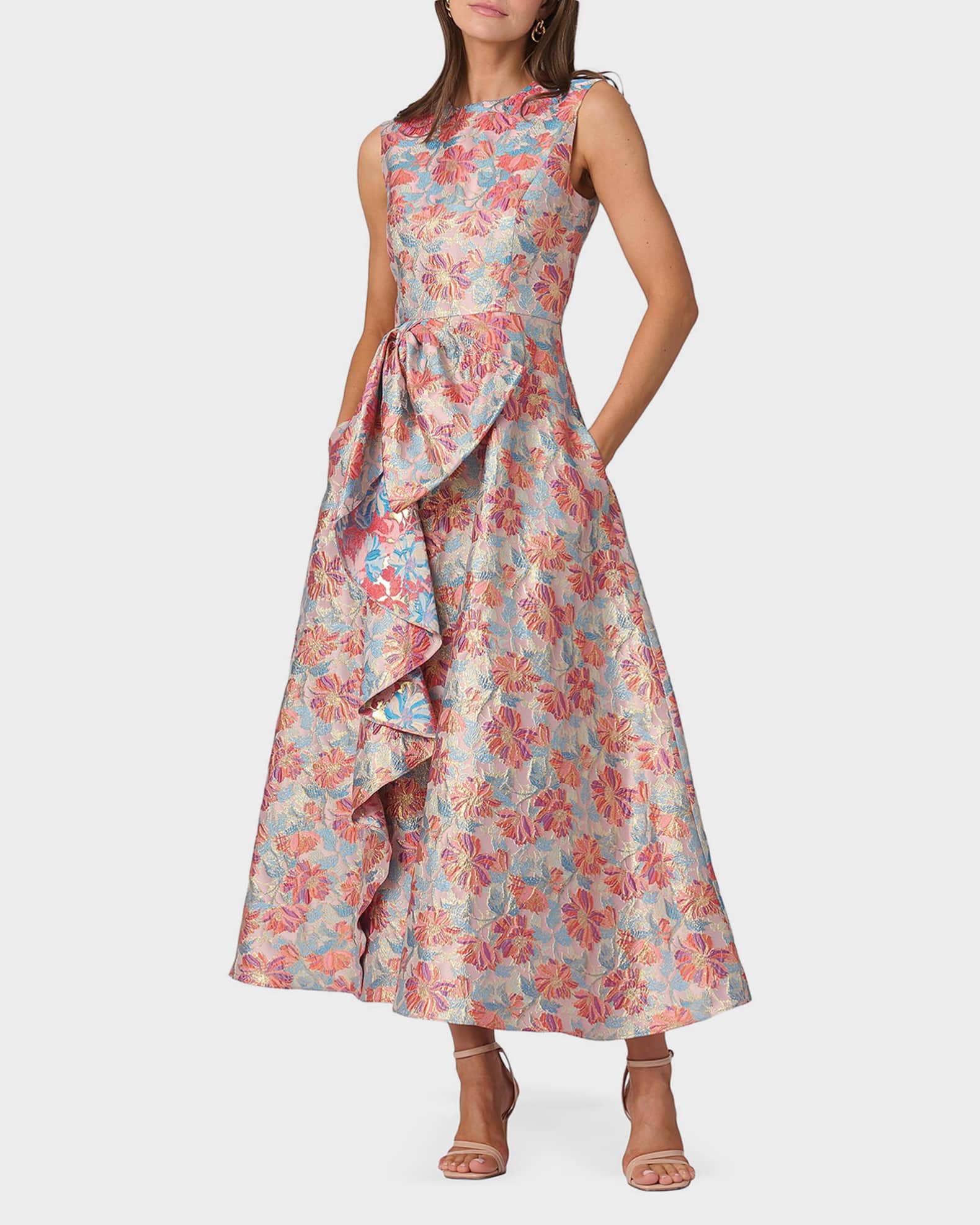 Shoshanna Lena Ruffle Metallic Floral Jacquard Midi Dress | Neiman