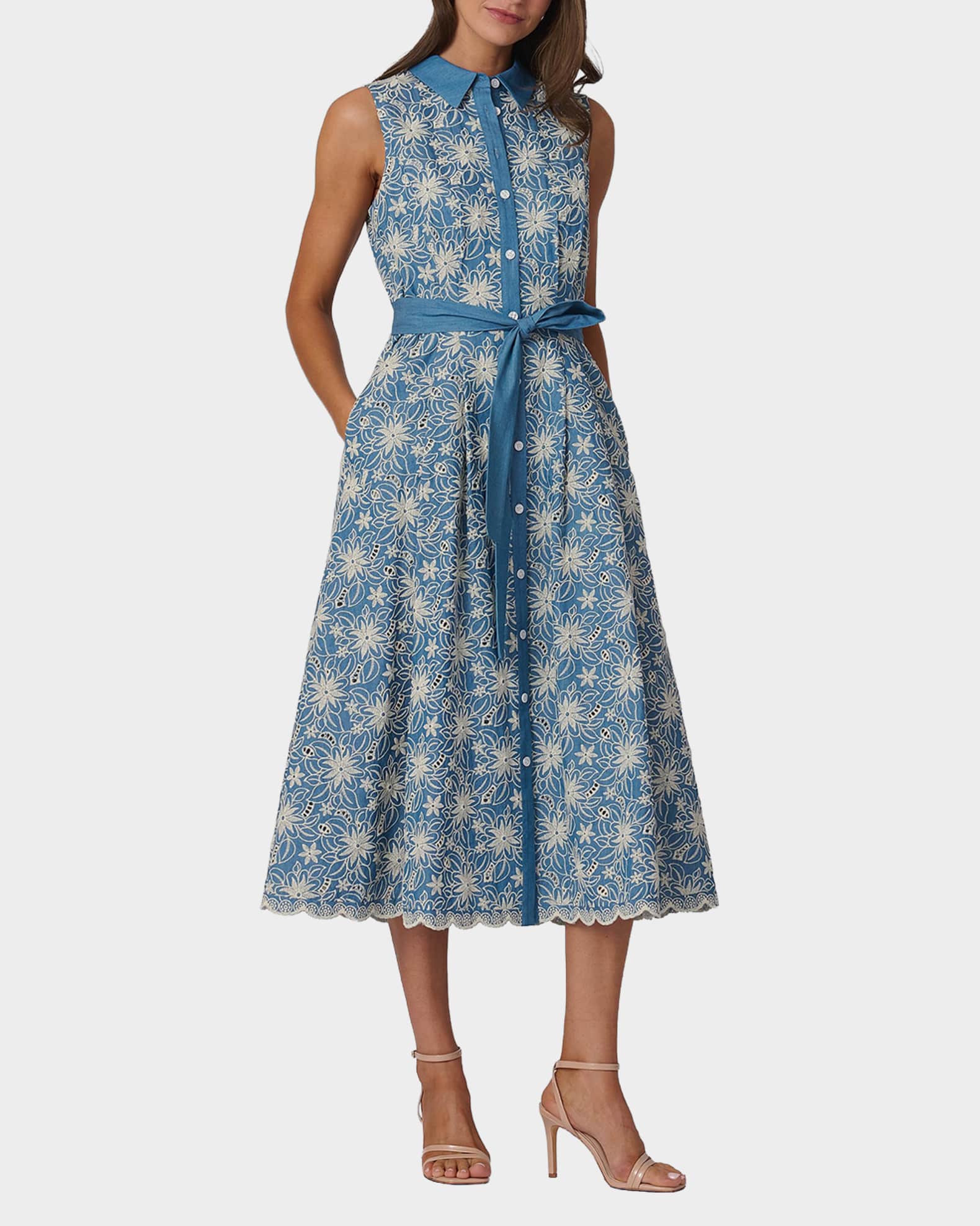 Shoshanna Kendra Floral-Embroidered Cotton Midi Dress | Neiman Marcus