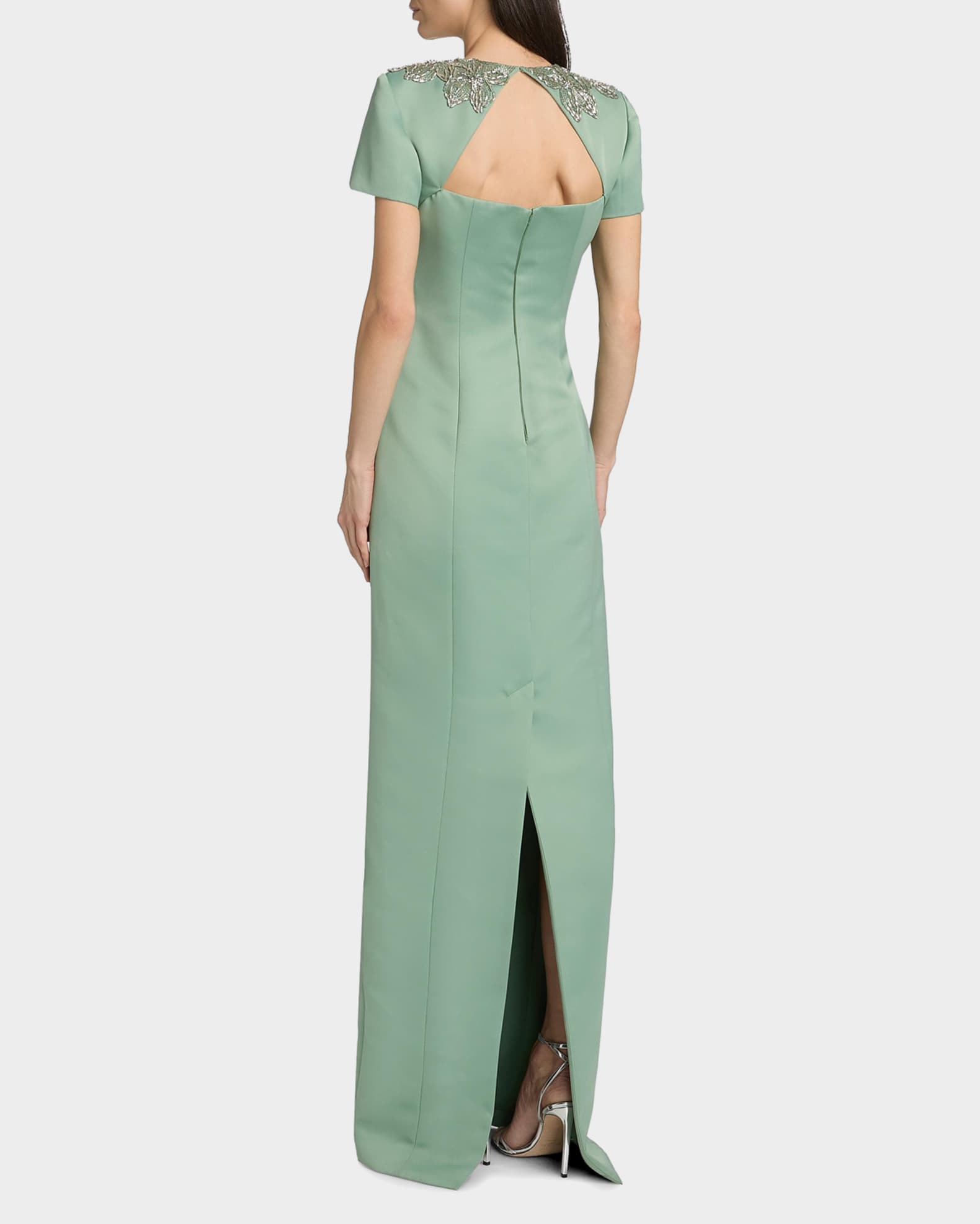 Theia Sorelia Beaded Duchess Satin Column Gown | Neiman Marcus
