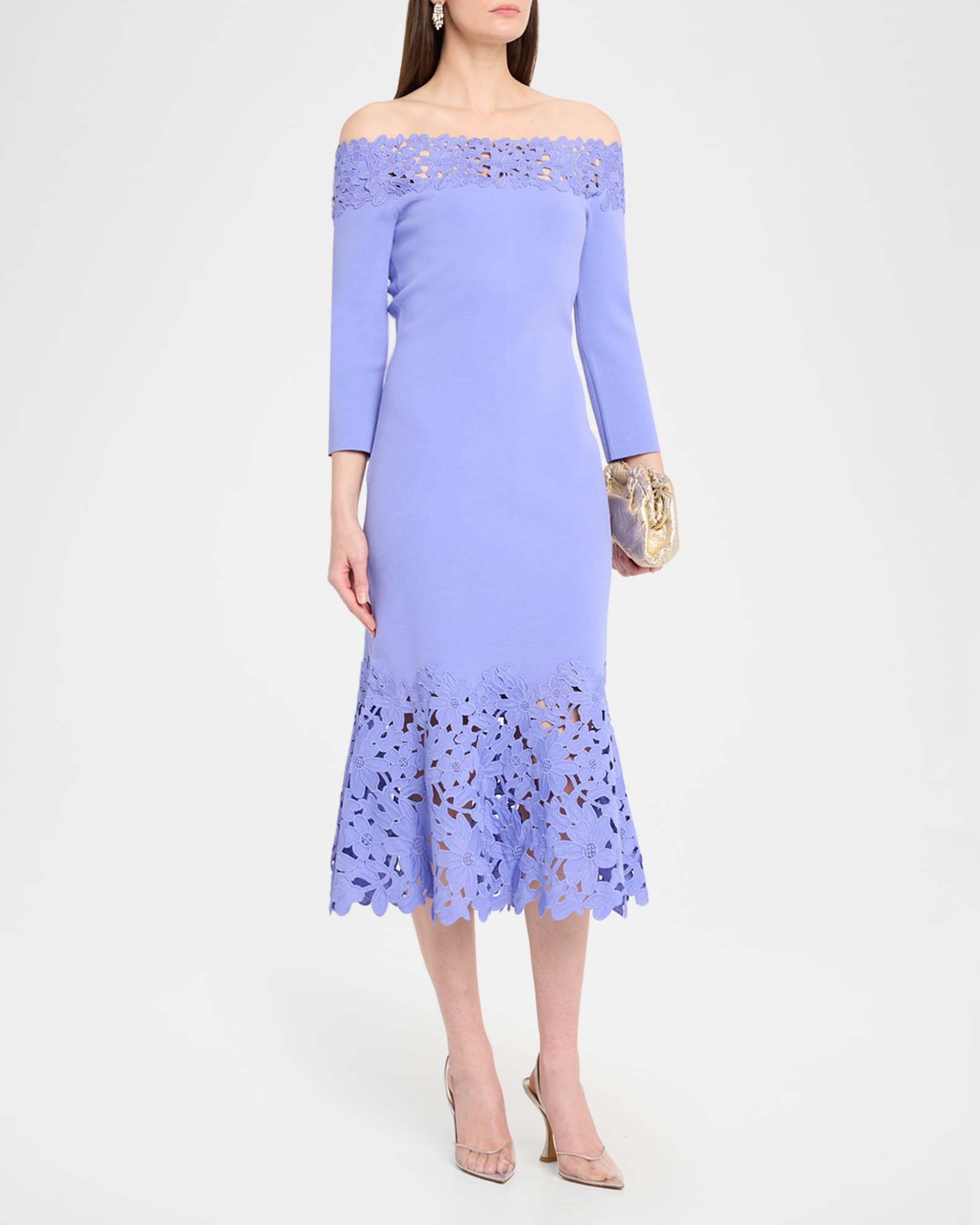Theia Sia Off-Shoulder Lace & Knit Midi Dress | Neiman Marcus