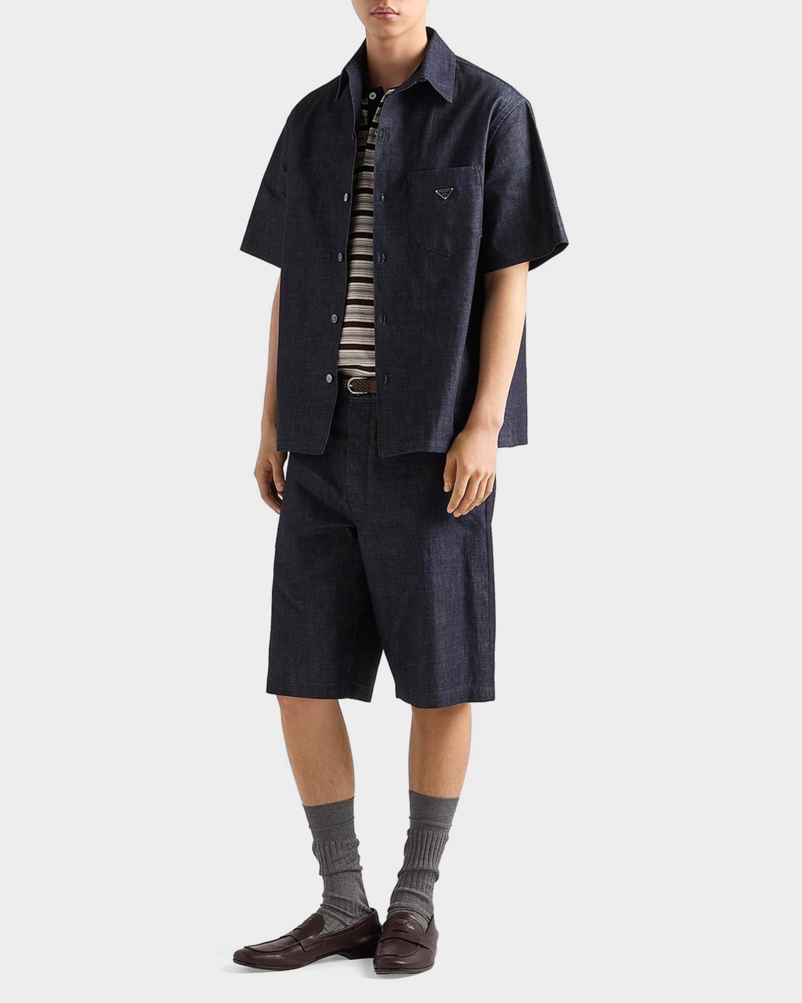 Prada Men's Short-Sleeve Denim Bowling Shirt | Neiman Marcus