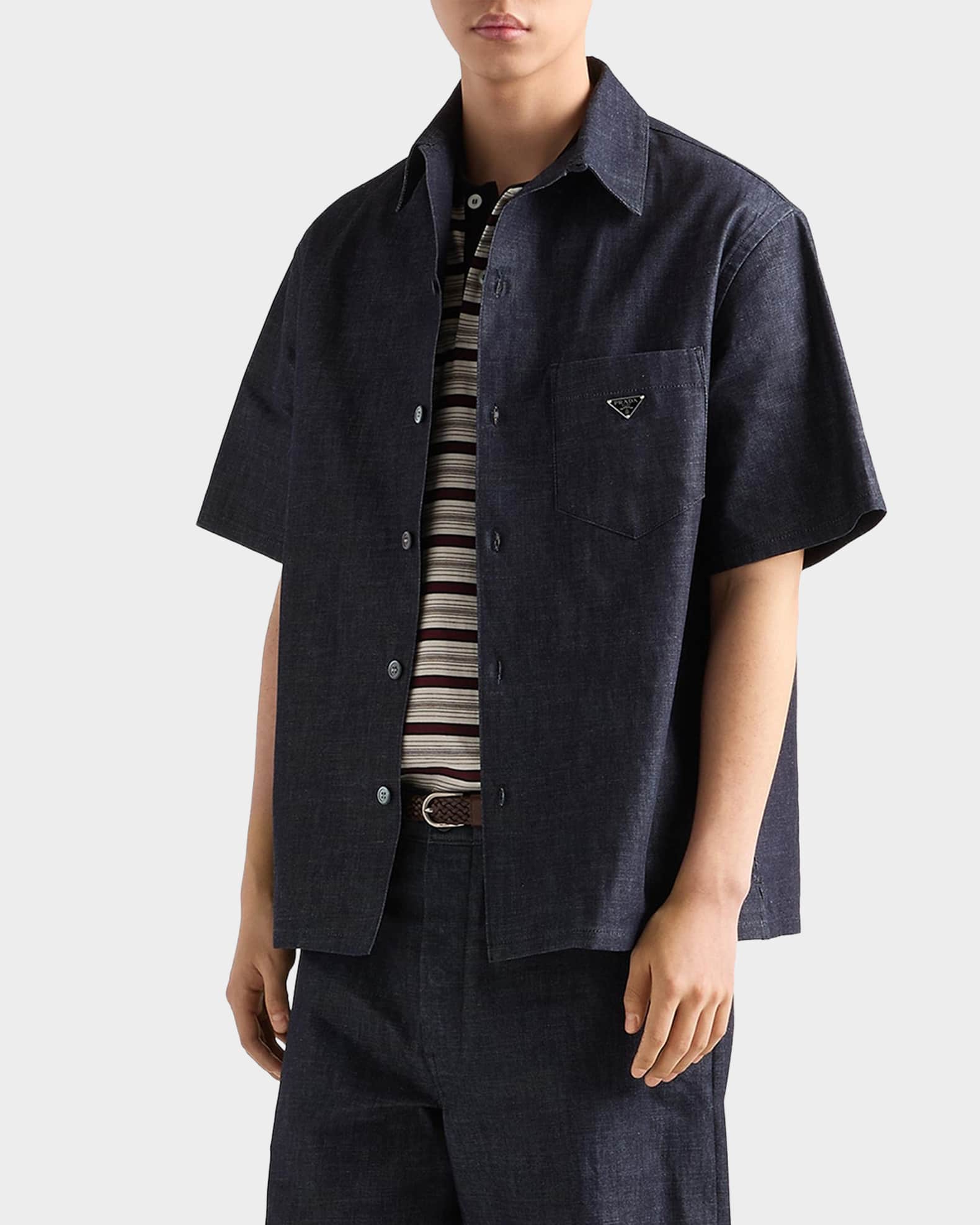 Prada Men's Short-Sleeve Denim Bowling Shirt | Neiman Marcus