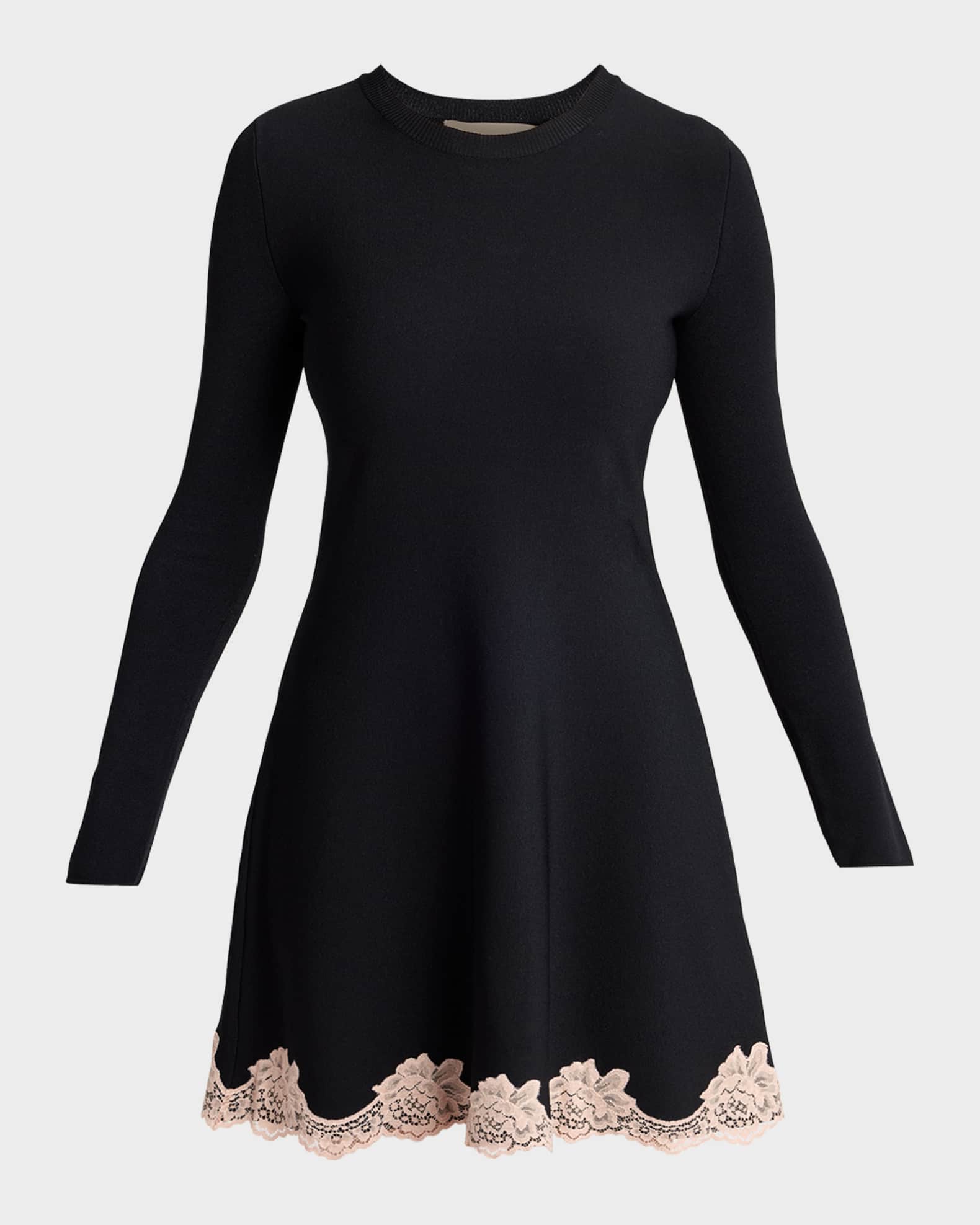 Valentino Garavani Lace-Trim Long-Sleeve Knit Mini Dress | Neiman Marcus