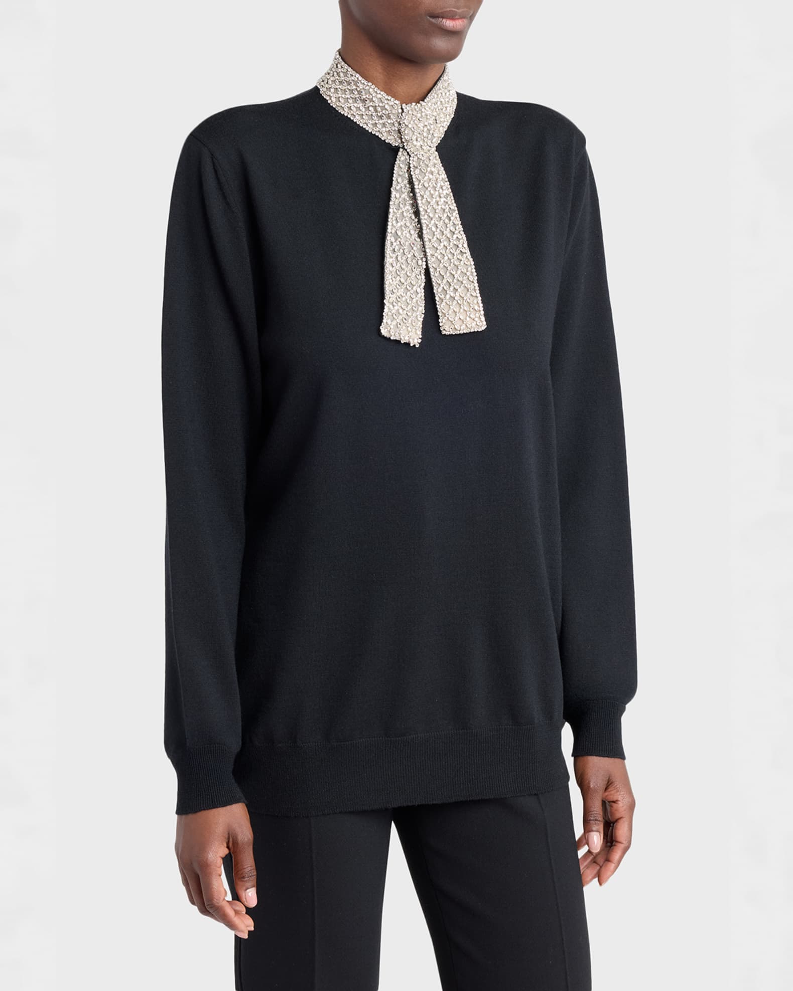 Valentino Garavani Crystal Neck-Scarf Wool Sweater | Neiman Marcus