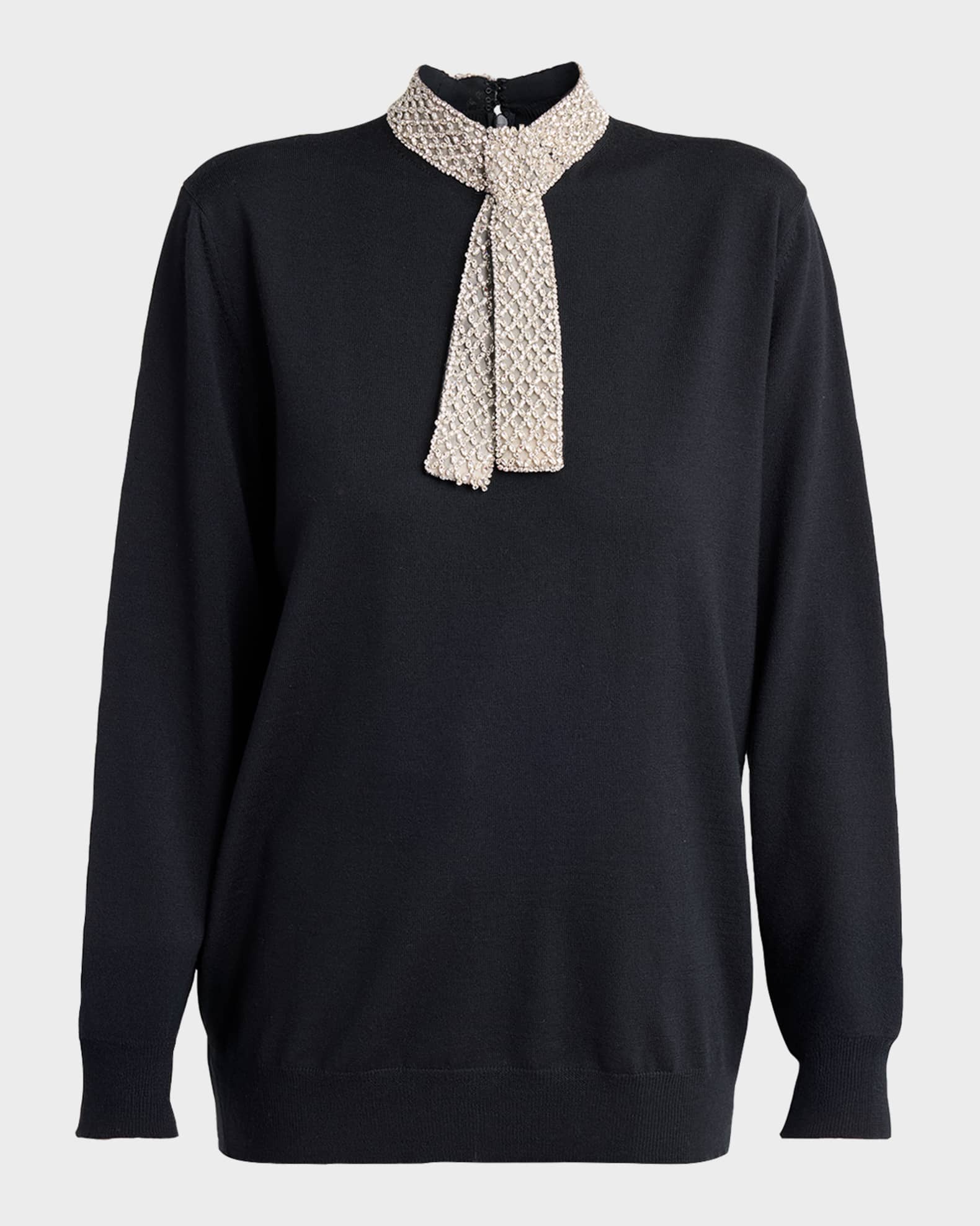 トップス valentino black summer wool knit 24aw Valentino Garavani Crystal Neck-Scarf Wool Sweater | Neiman Marcus