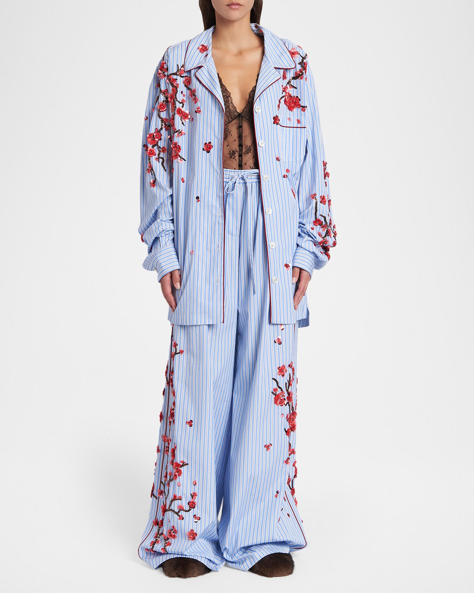 Dolce&Gabbana Cherry Blossom Embroidered Striped Pajama Shirt | Neiman ...