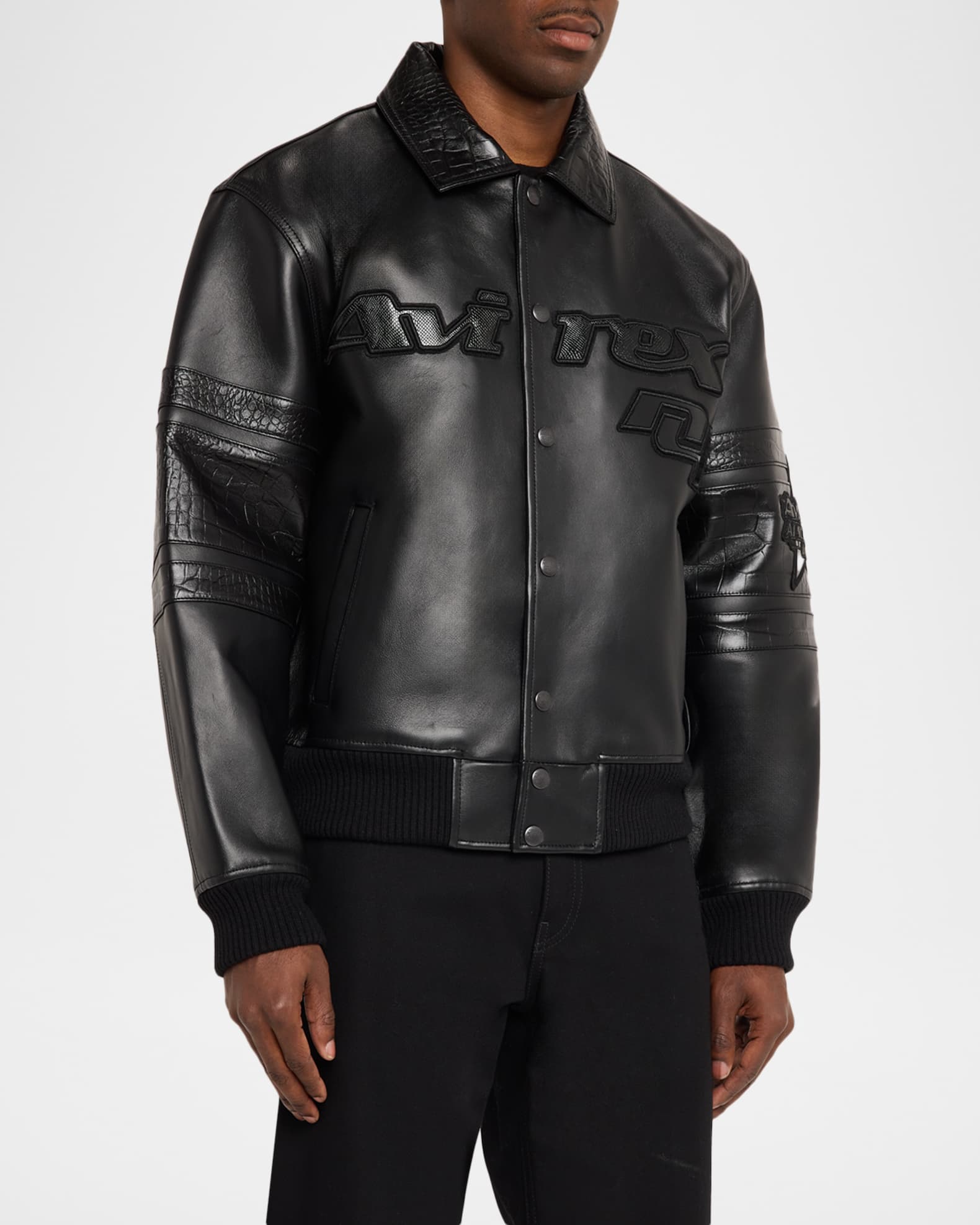 AVIREX Men's Legends Leather Croc-Effect Trim Bomber Jacket