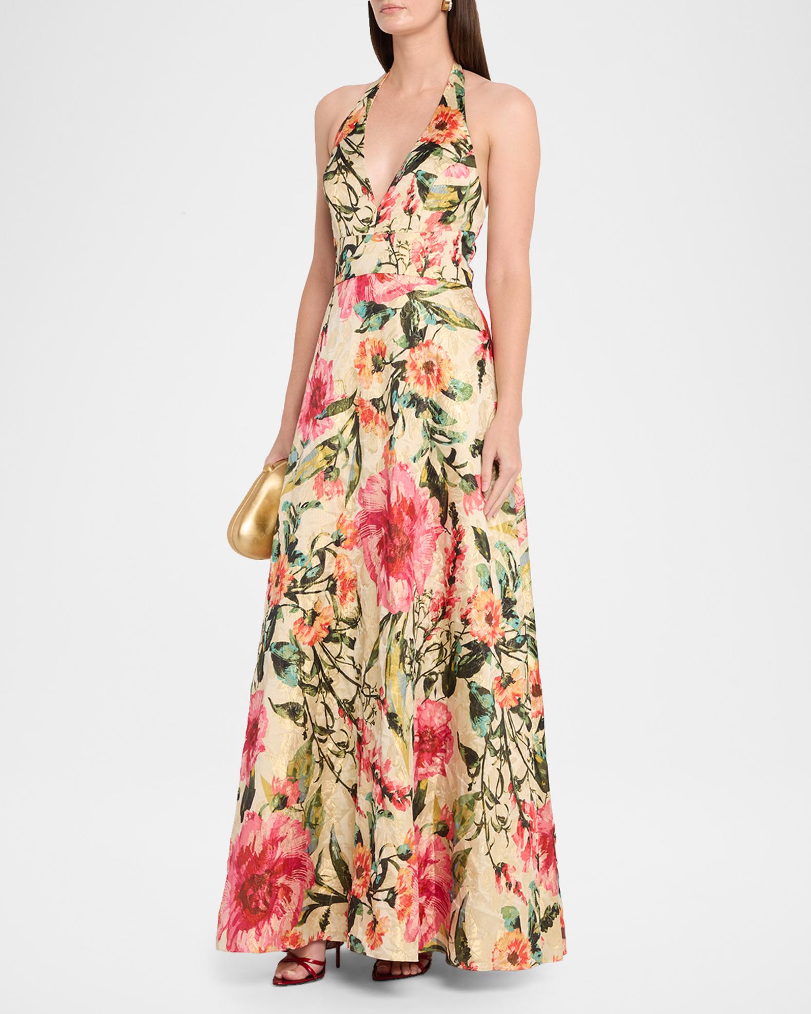 Aidan Mattox Floral Jacquard Plunging Halter Gown | Neiman Marcus