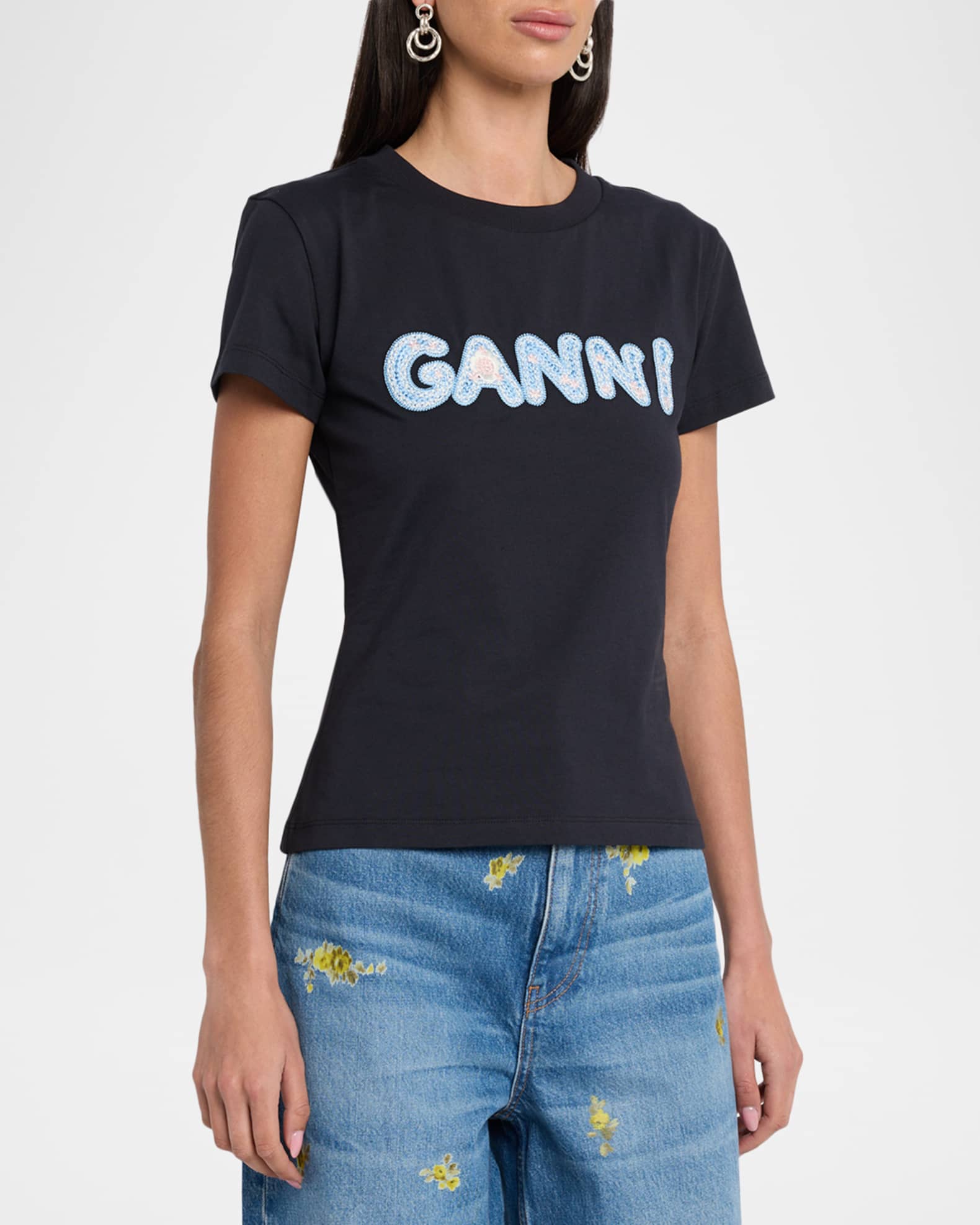Ganni Logo Embroidered Cotton-Jersey Tee | Neiman Marcus