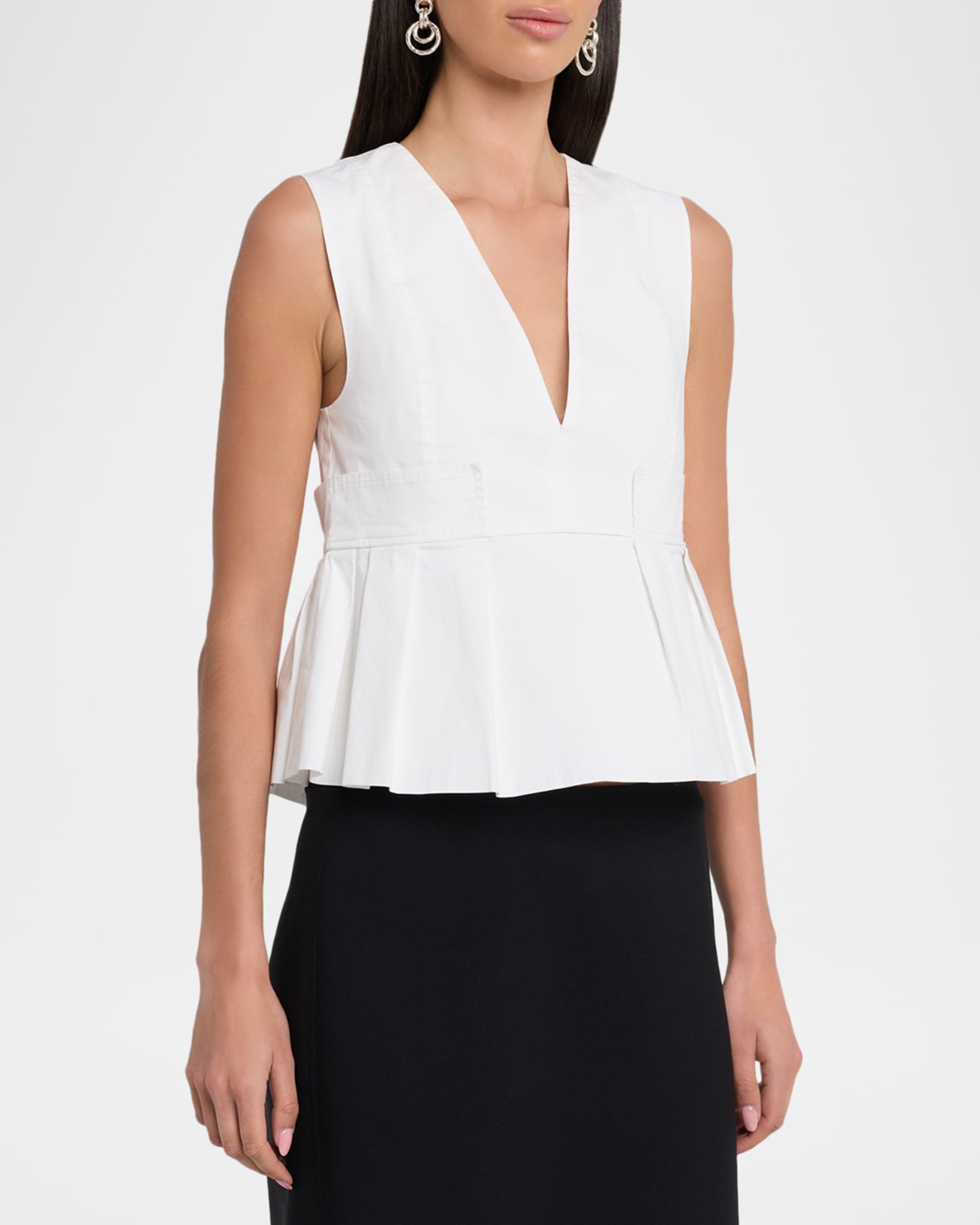 Ganni V-Neck Pleated Cotton Peplum Top | Neiman Marcus