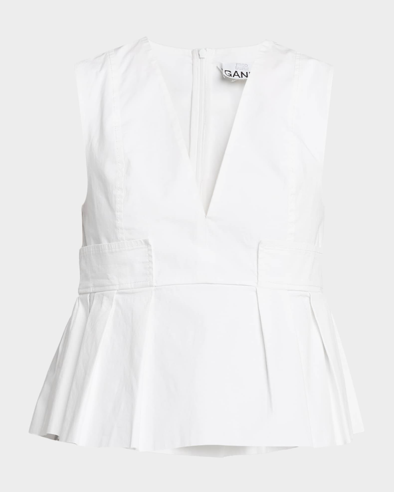 Ganni V-Neck Pleated Cotton Peplum Top | Neiman Marcus