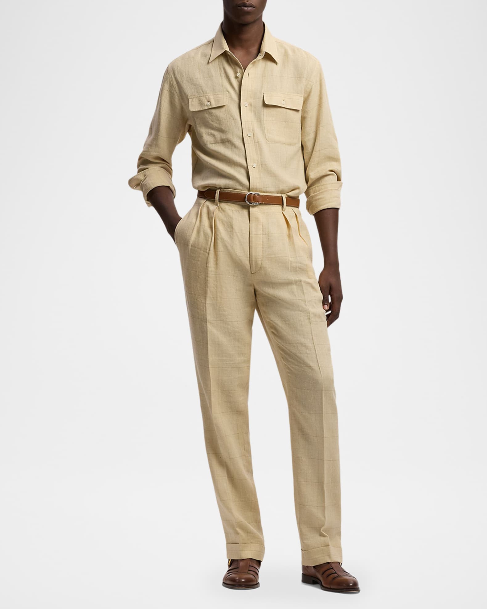 Ralph Lauren Purple Label Men's Linen-Blend Windowpane Pleated