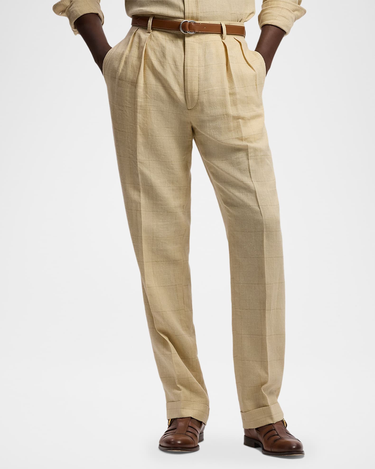 Ralph Lauren Purple Label Men's Linen-Blend Windowpane Pleated