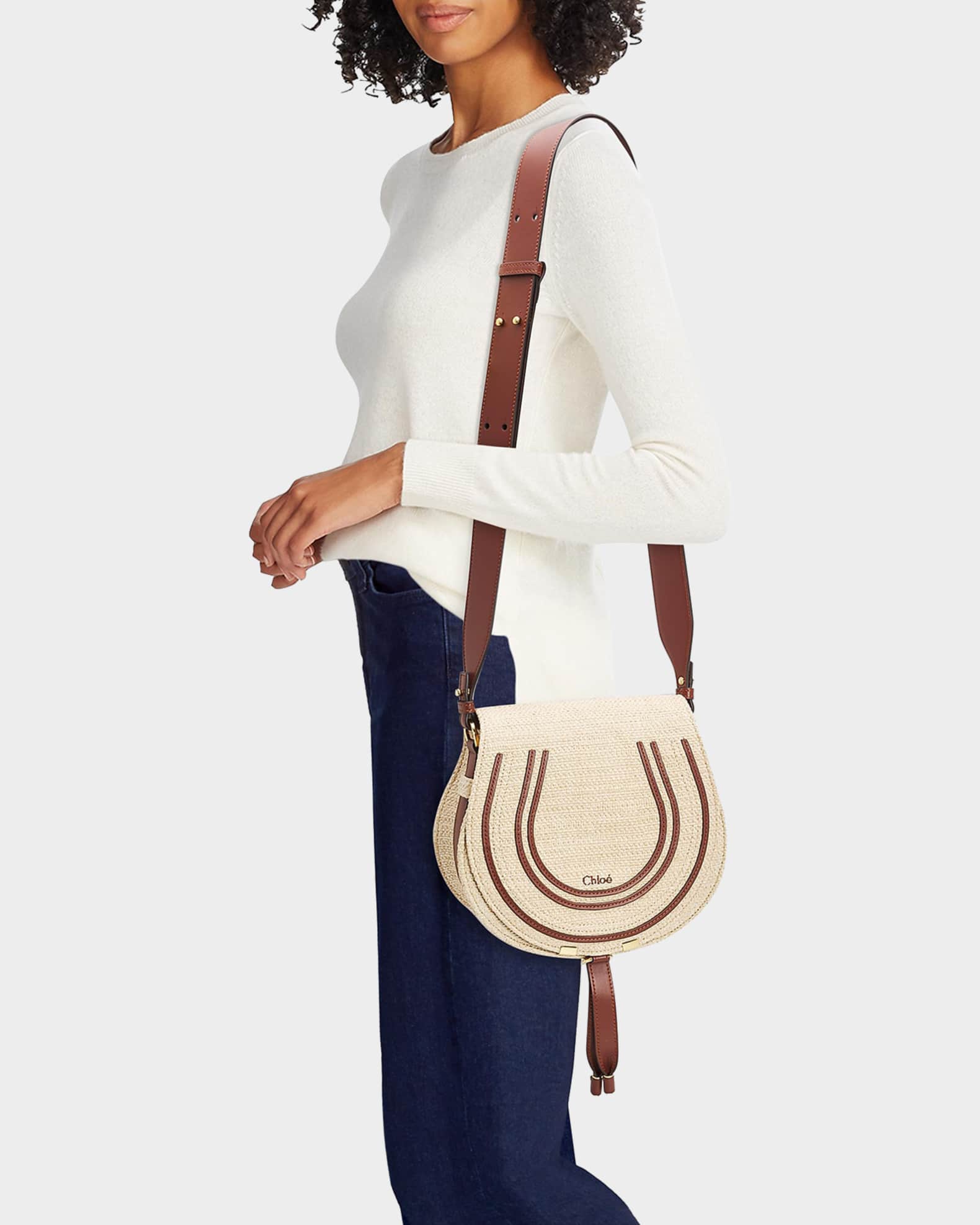 chloe マーシー　ラフィア&レザー　クロスボディバッグ Chloe Marcie Raffia Saddle Crossbody Bag | Neiman Marcus