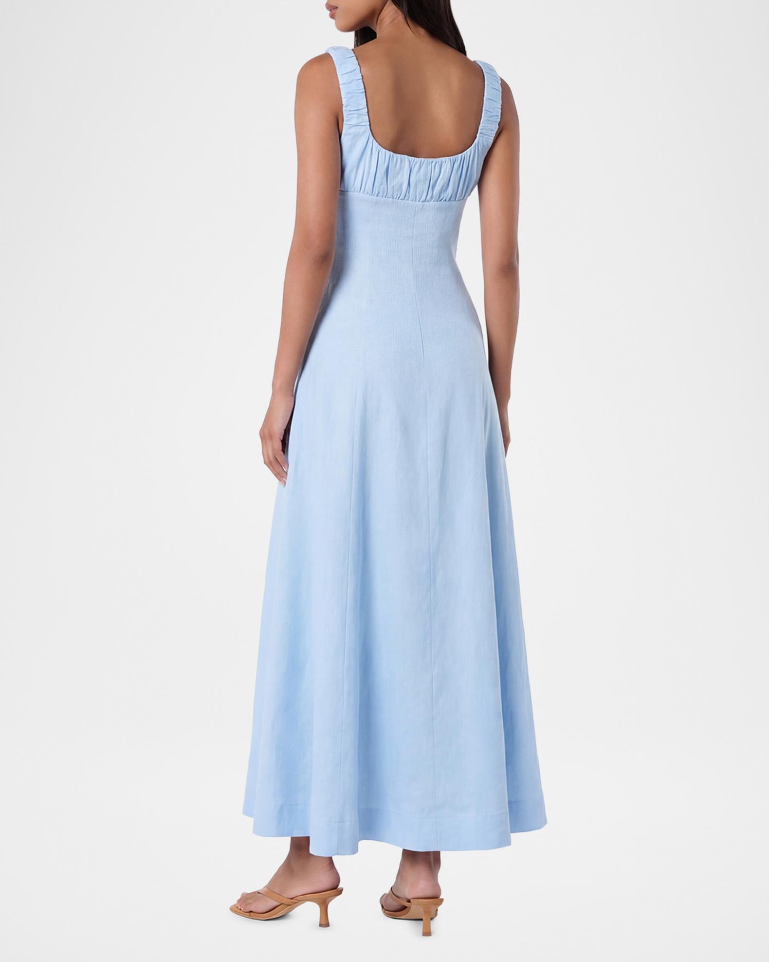 nicholas dress Dina Ruched Linen Midi-Dress - Sky Nicholas brand Color:White N Black Polka Dot color-soft-gold Black Mesh Square Neck Polyester Dry clean Imported