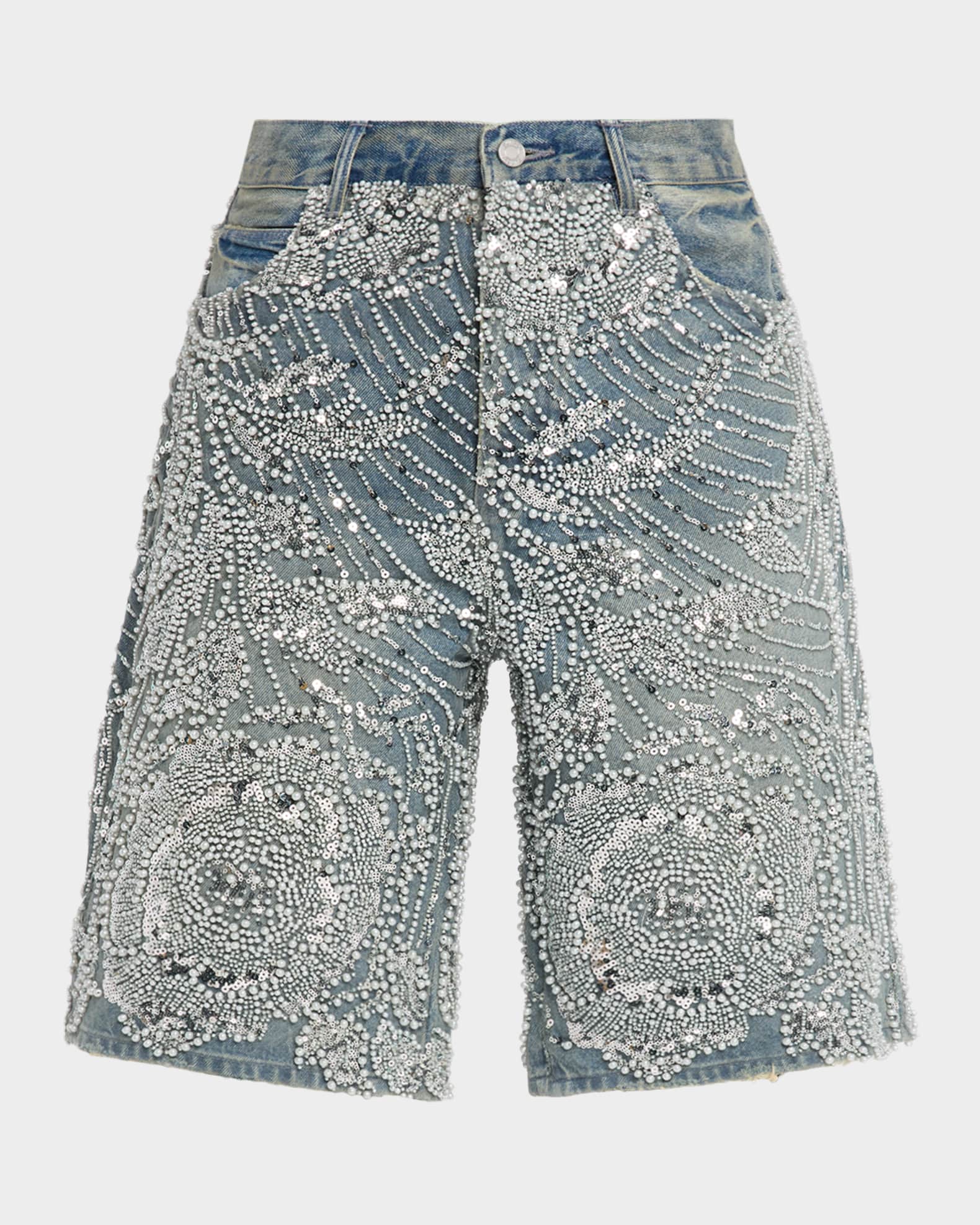 PURPLE Men's P070 Hand-Beaded & Crystal-Embellished Denim Shorts