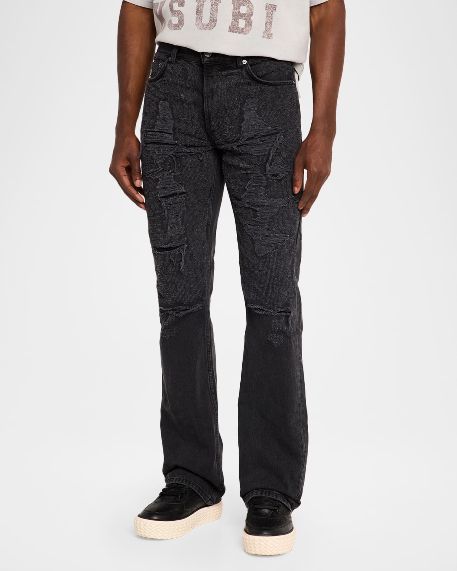 Ksubi Men's Bronko Asher Trashed Distressed Bootcut Jeans | Neiman